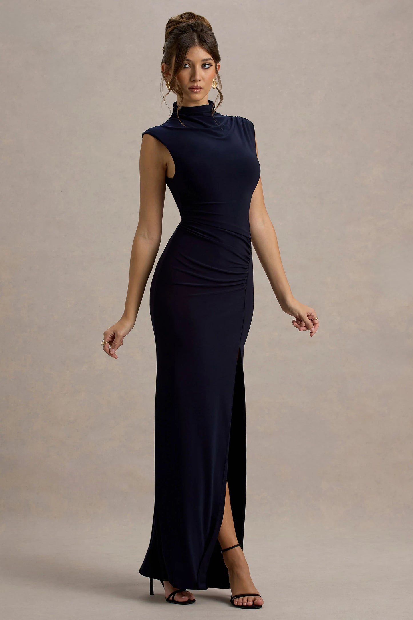 Lanetta Navy Ruched High-Neck Maxi Dress With Split