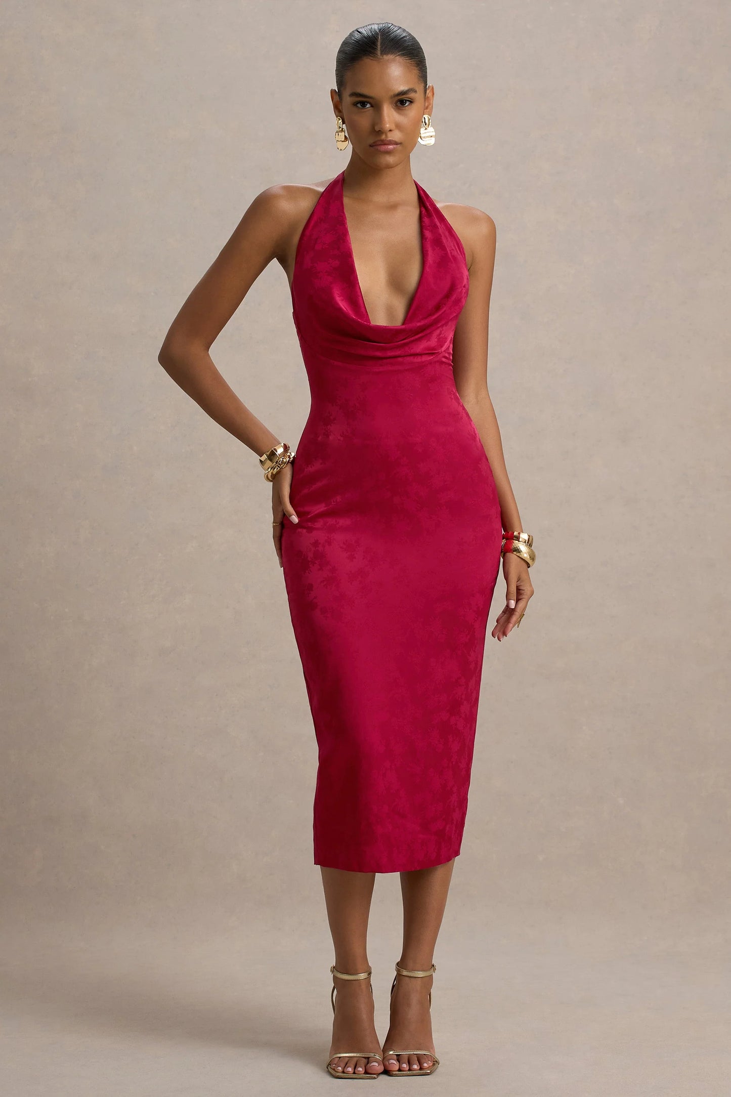 Aine Red Satin Jacquard Cowl-Neck Midi Dress