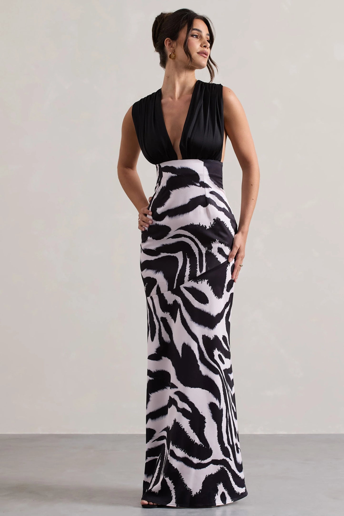 Azzara Zebra Print Satin Ruched V-Neck Maxi Dress