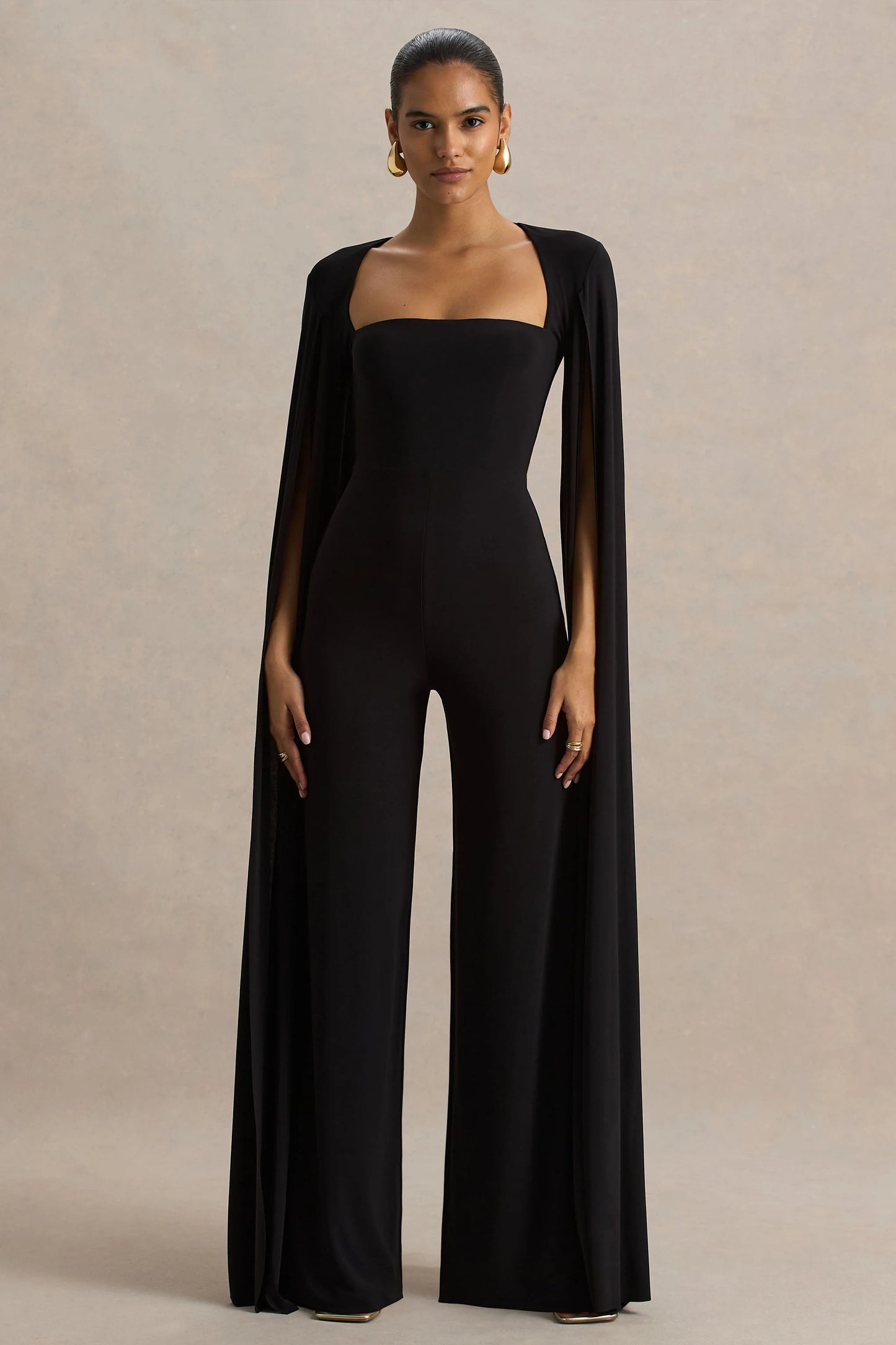 Zara Black Square-Neck Jumpsuit With Cape Sleeves