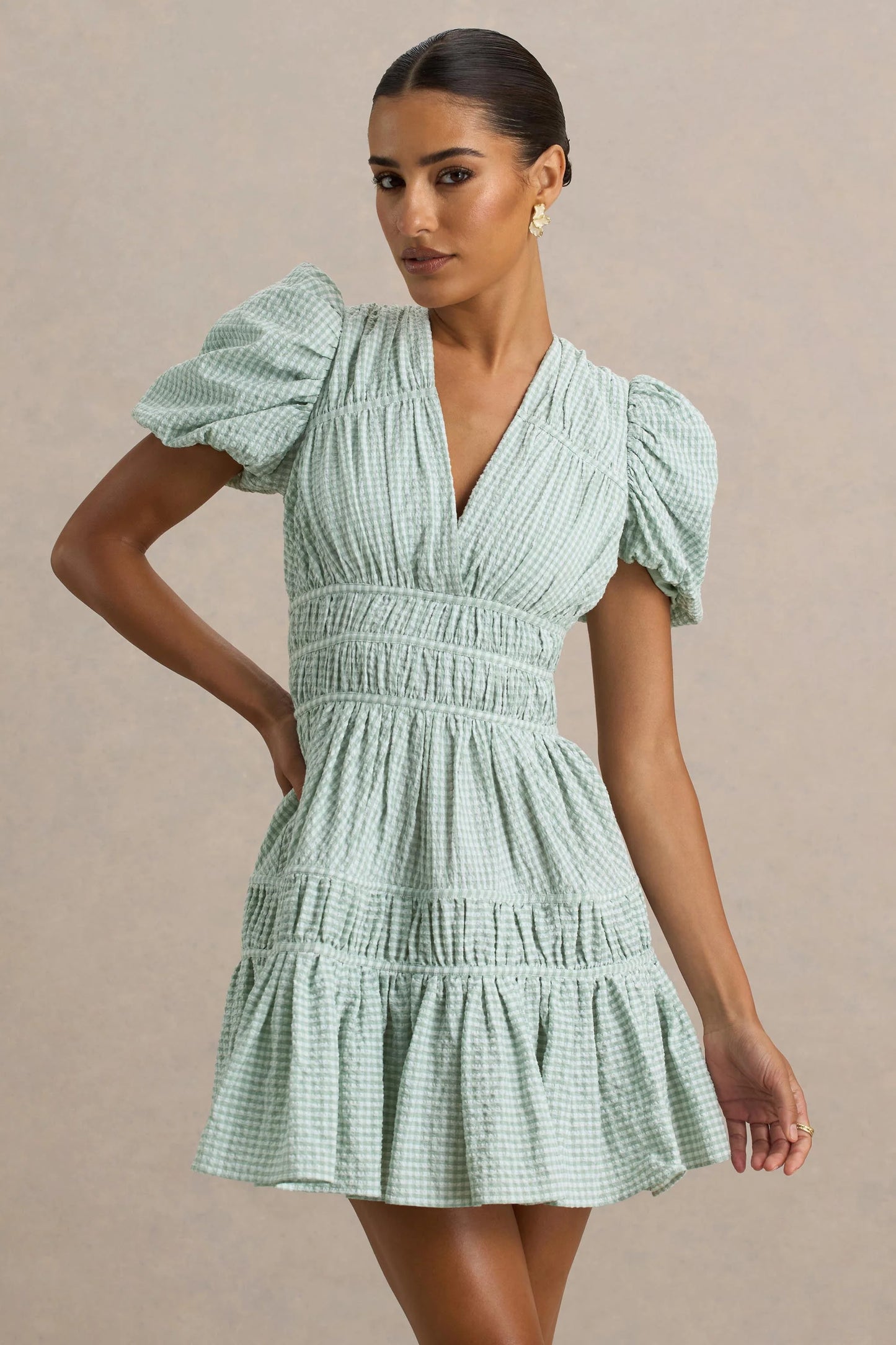 Laurelle Green Extreme Plunge-Neck Mini Dress With Ruffling Detail