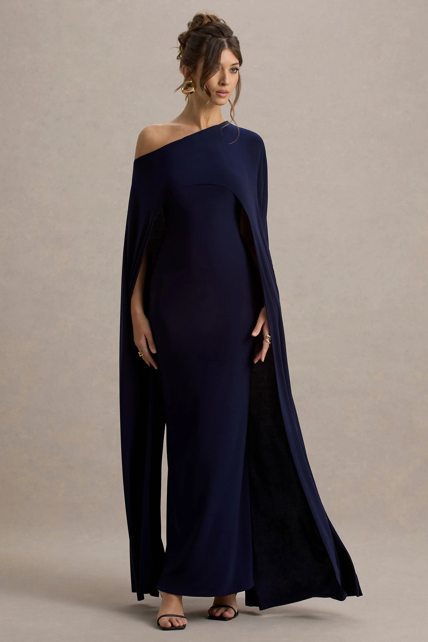 Florentina Navy One-Shoulder Cape Maxi Dress