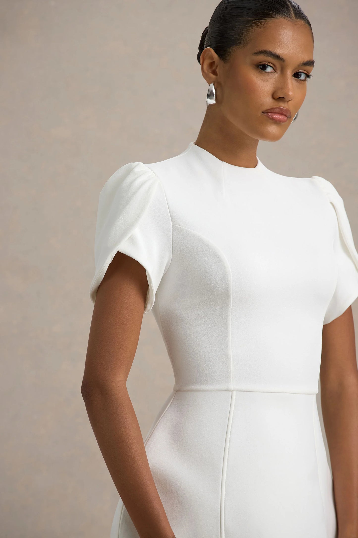 Carabella White High-Neck Short-Sleeve Mini Dress