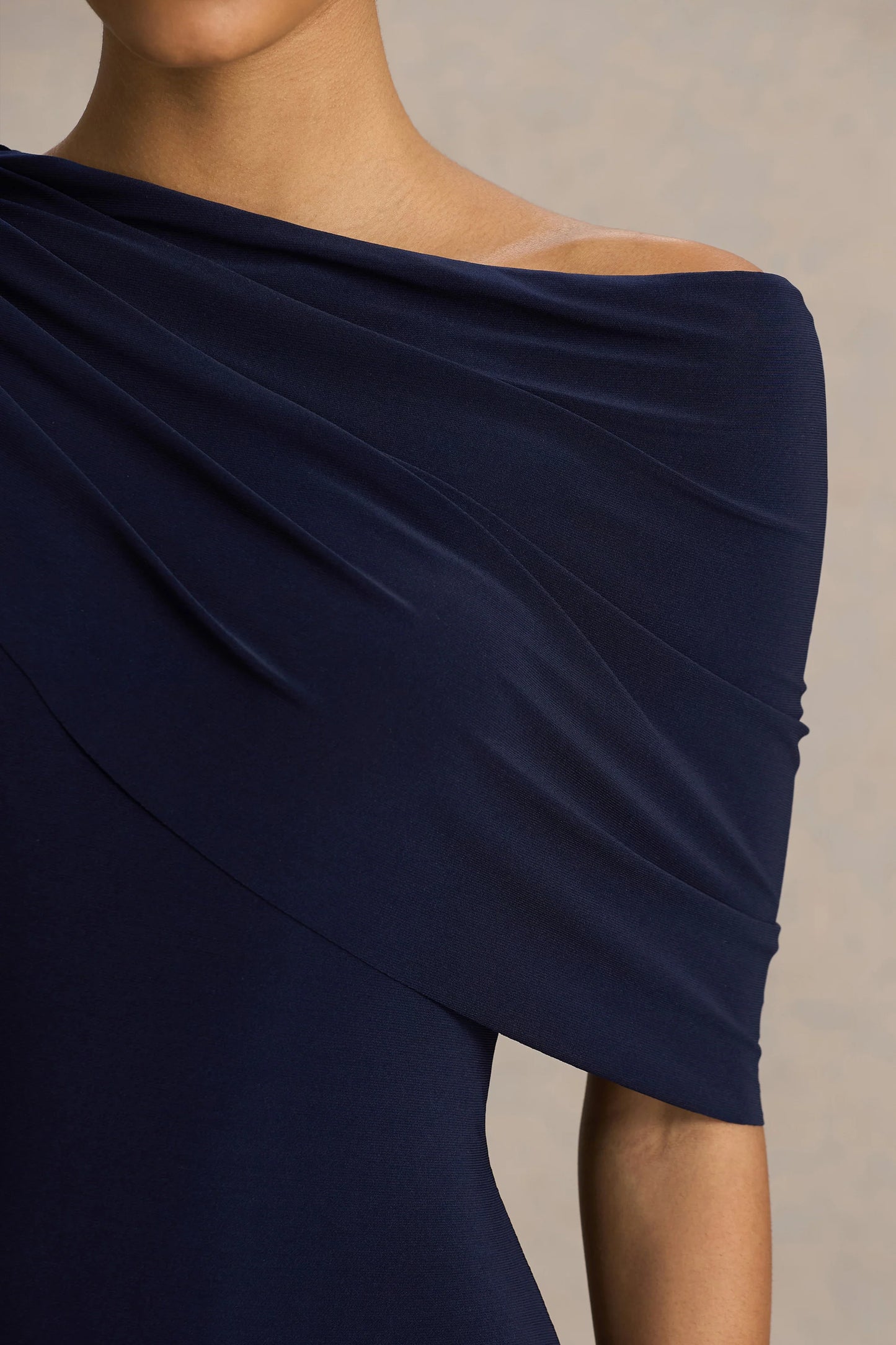 Tiana Navy Asymmetric-Neck Maxi Dress With Drape-Detail
