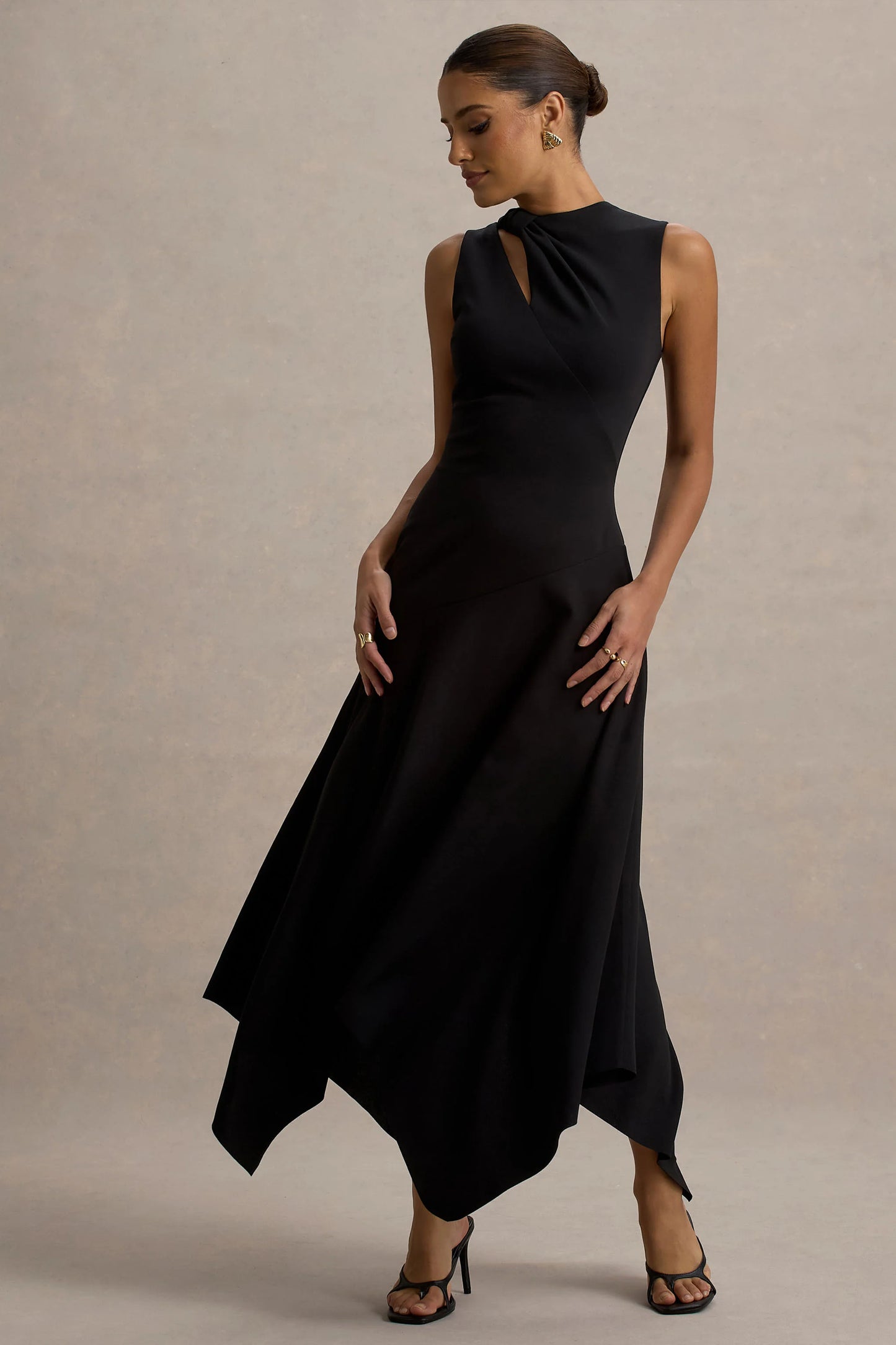 Francesca Black Knotted Midi Dress With Handkerchief Hem