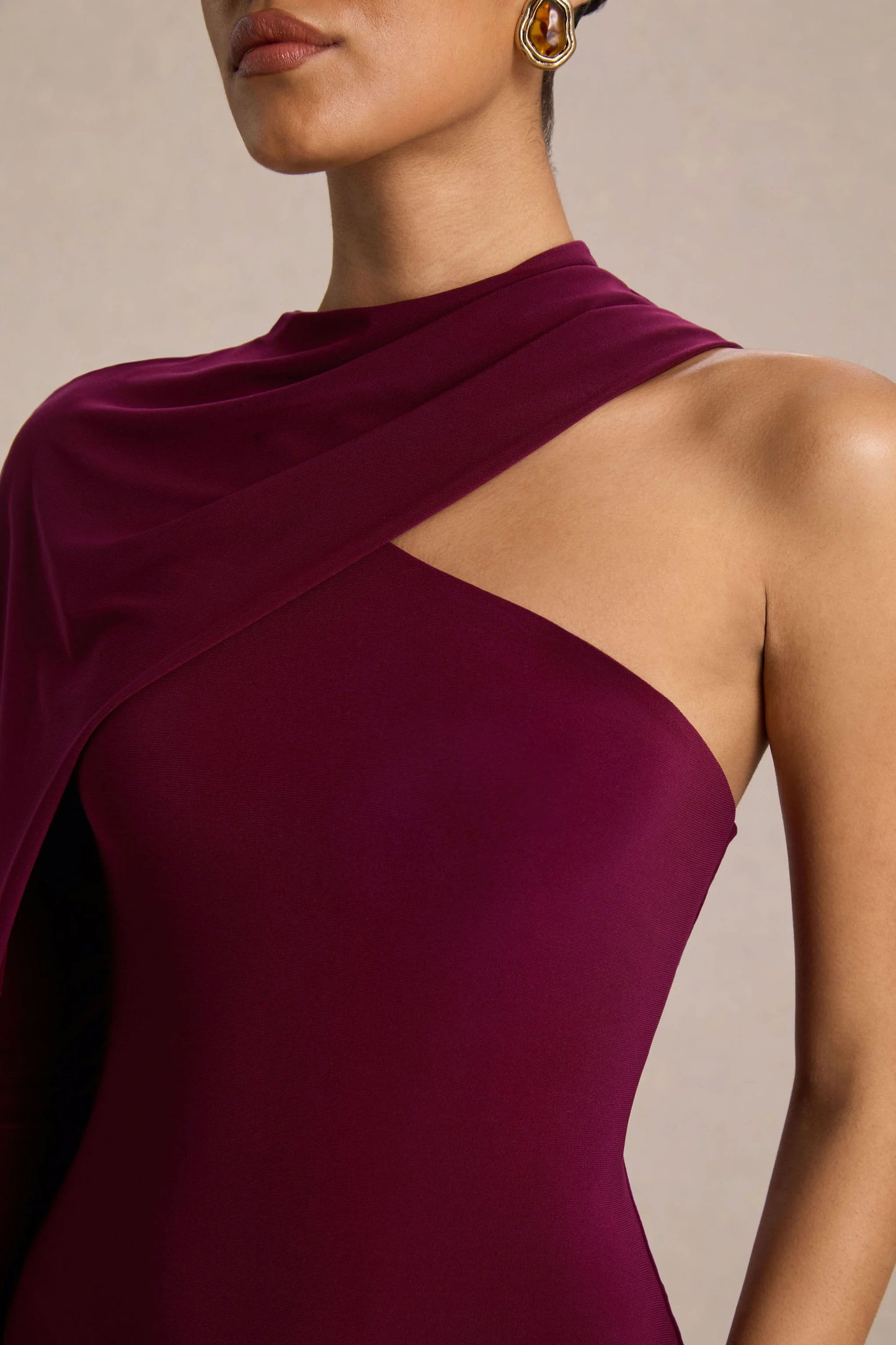 Dawn Burgundy Asymmetric-Neck Maxi Dress With One Long-Sleeve And Cape