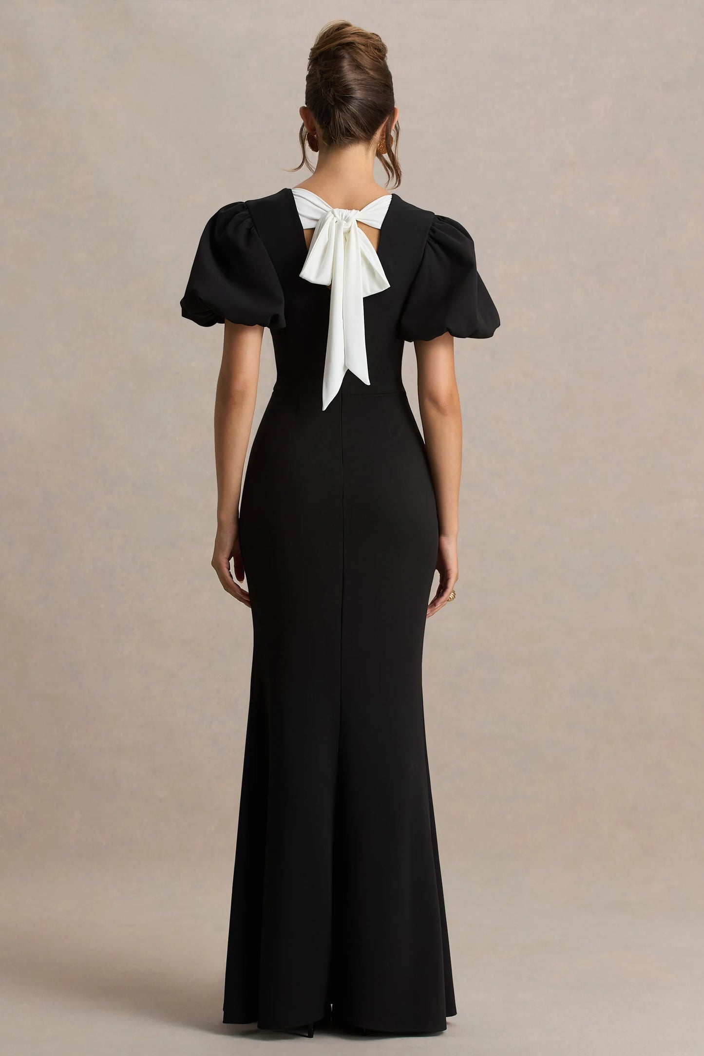Carolina Black Puff-Sleeve Maxi Dress With White Bow Detail