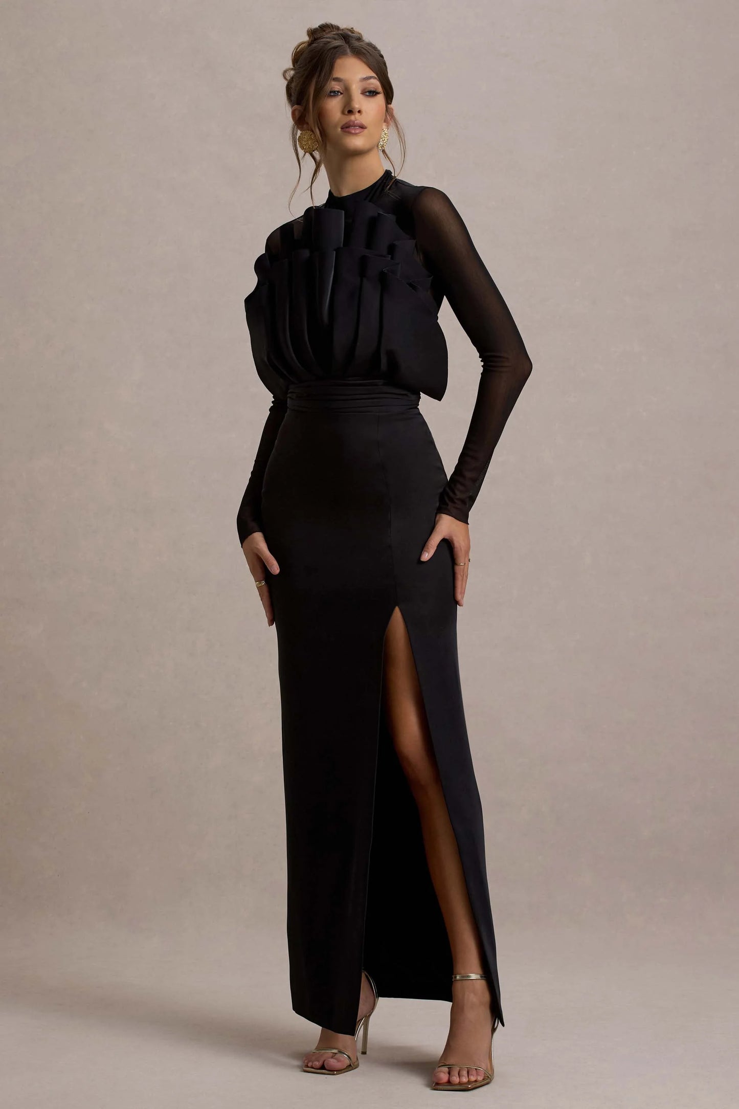 Alder Black Mesh Long-Sleeve Ruffled Split Maxi Dress