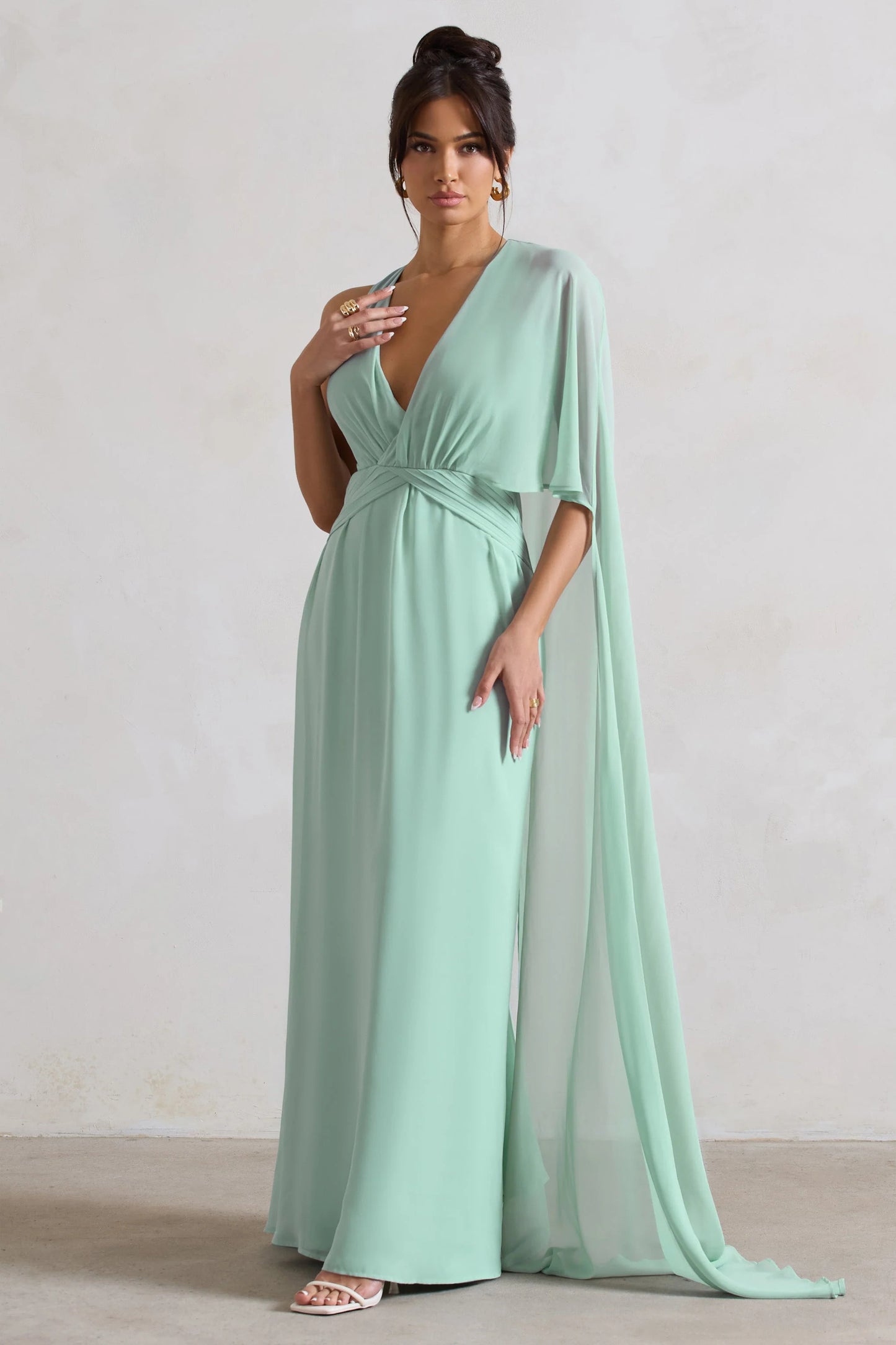 Fairytale Sage Plunge-Neck Chiffon Maxi Dress With Cape Sleeve
