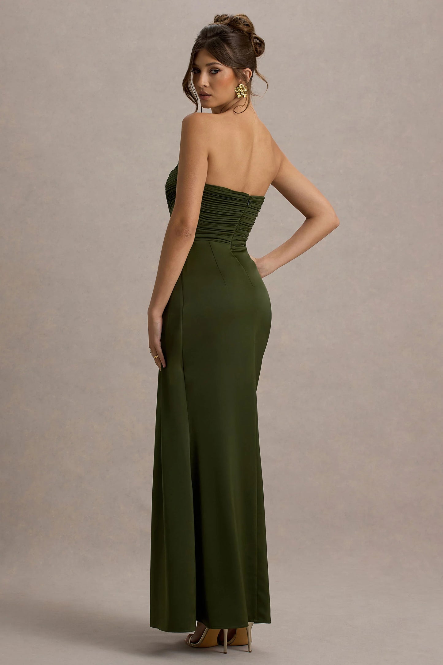 Edel Olive Satin Strapless Maxi Dress With Drape