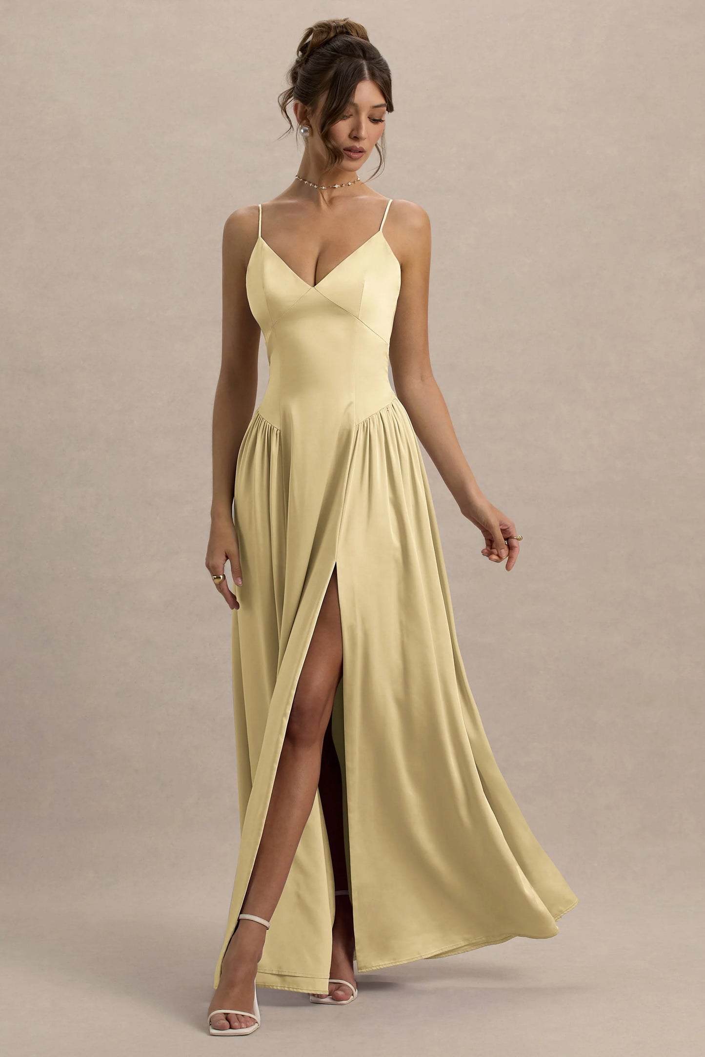 Jonas Lemon Plunge-Neck Maxi Dress With Cami Straps