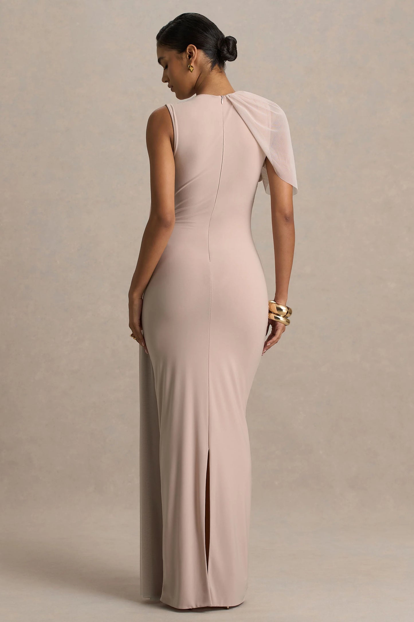 Brenda Champagne Crew-Neck Maxi Dress With Mesh Cape And Sash