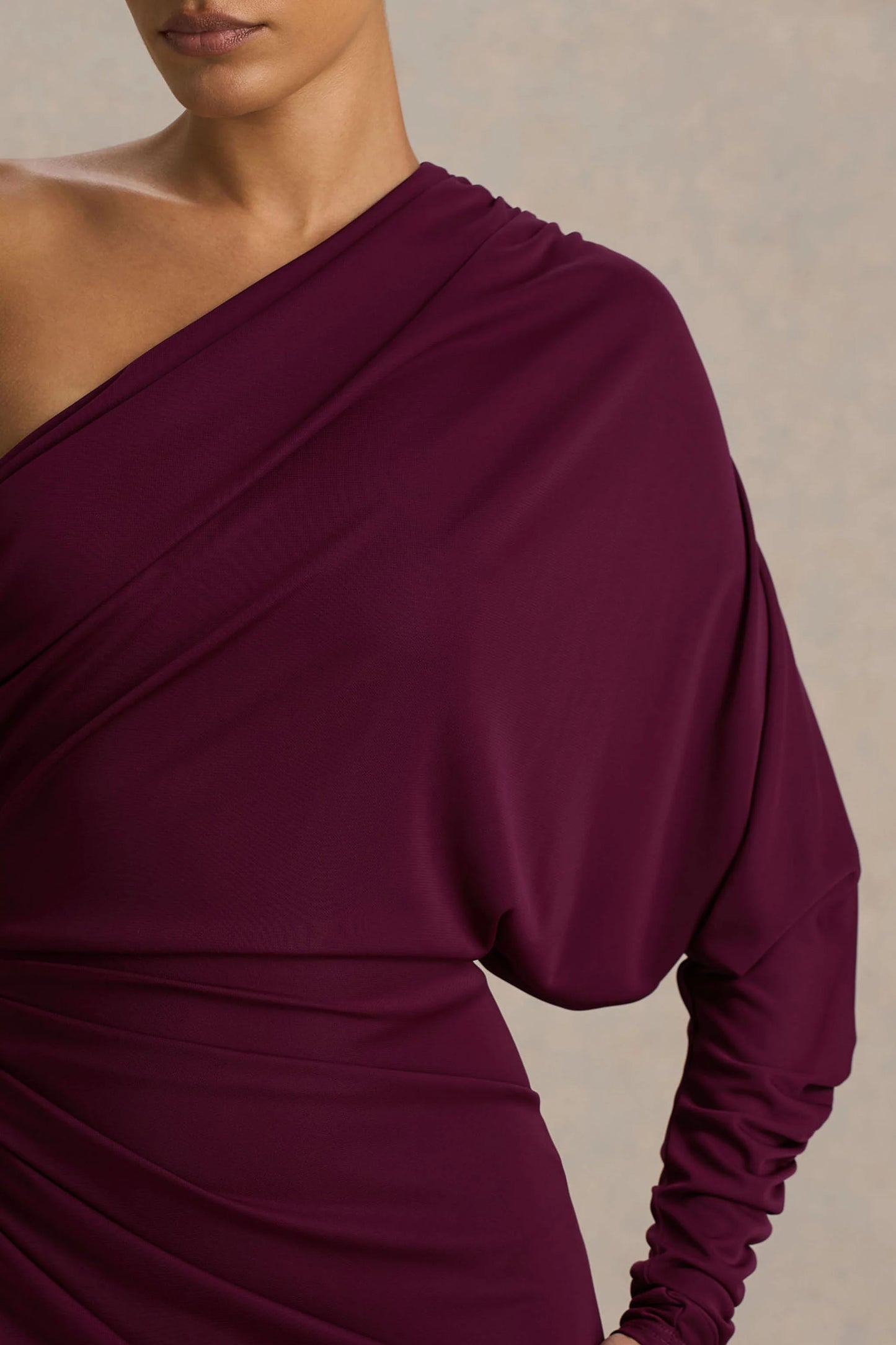 Lola Burgundy Asymmetric-Neck Maxi Dress With Ruched Detailing And Front High-Split