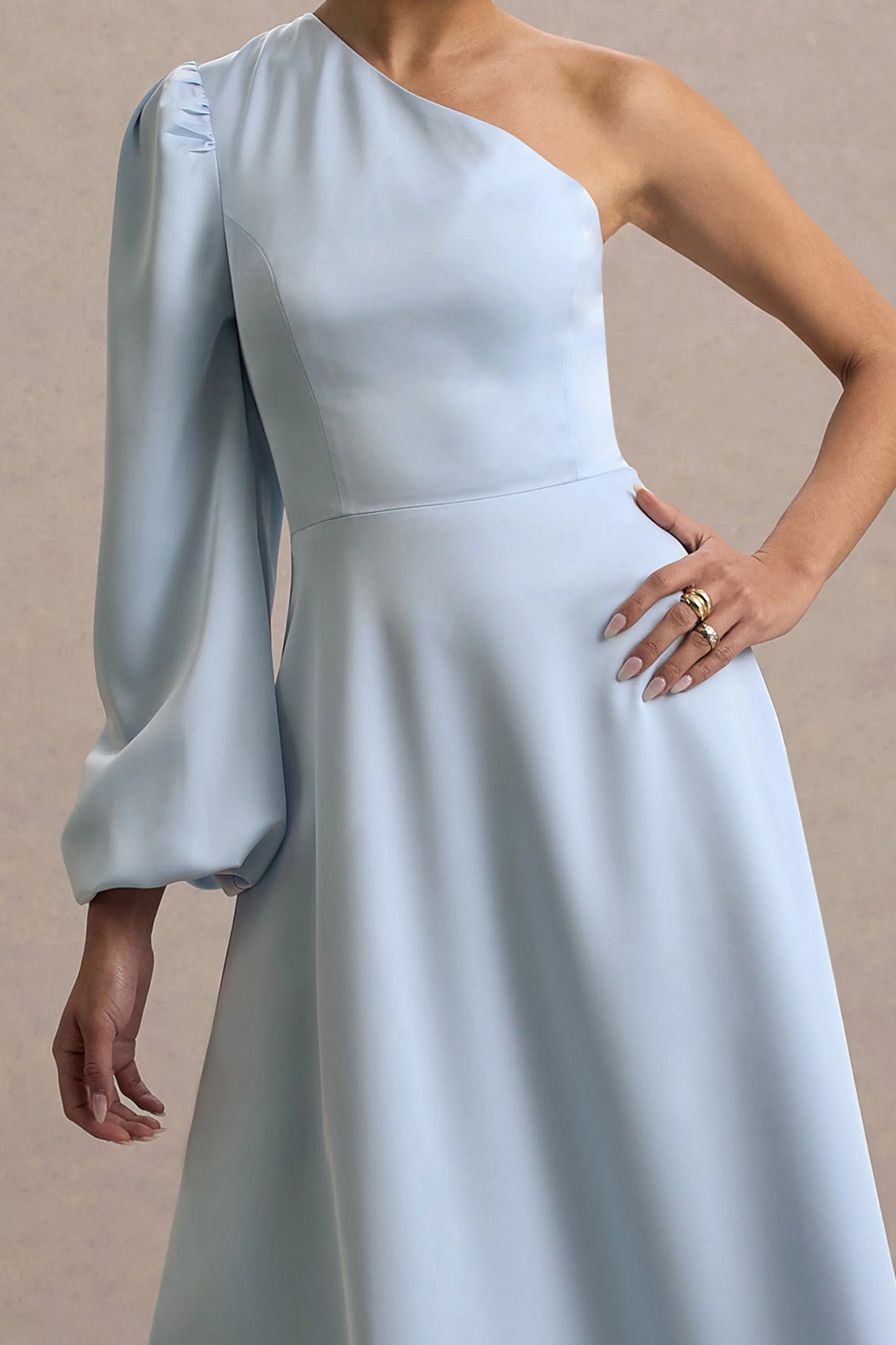 Haila Powder Blue Satin One-Shoulder Midi Dress