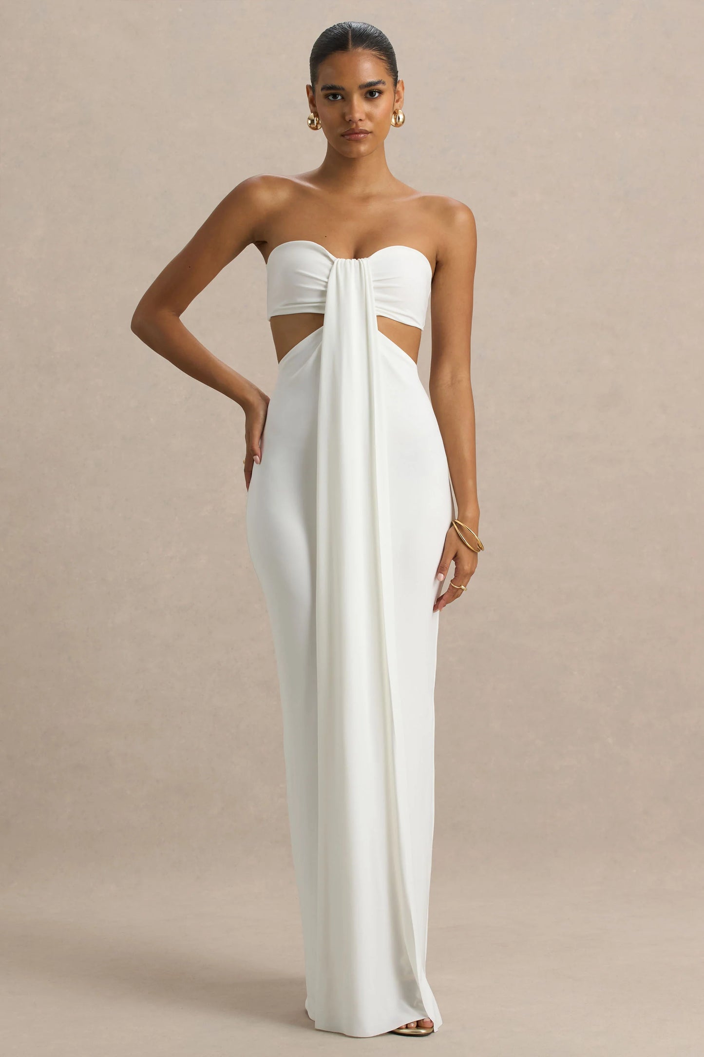 Elixir Cream Sweetheart-Neck Maxi Dress with Cut-Out Details