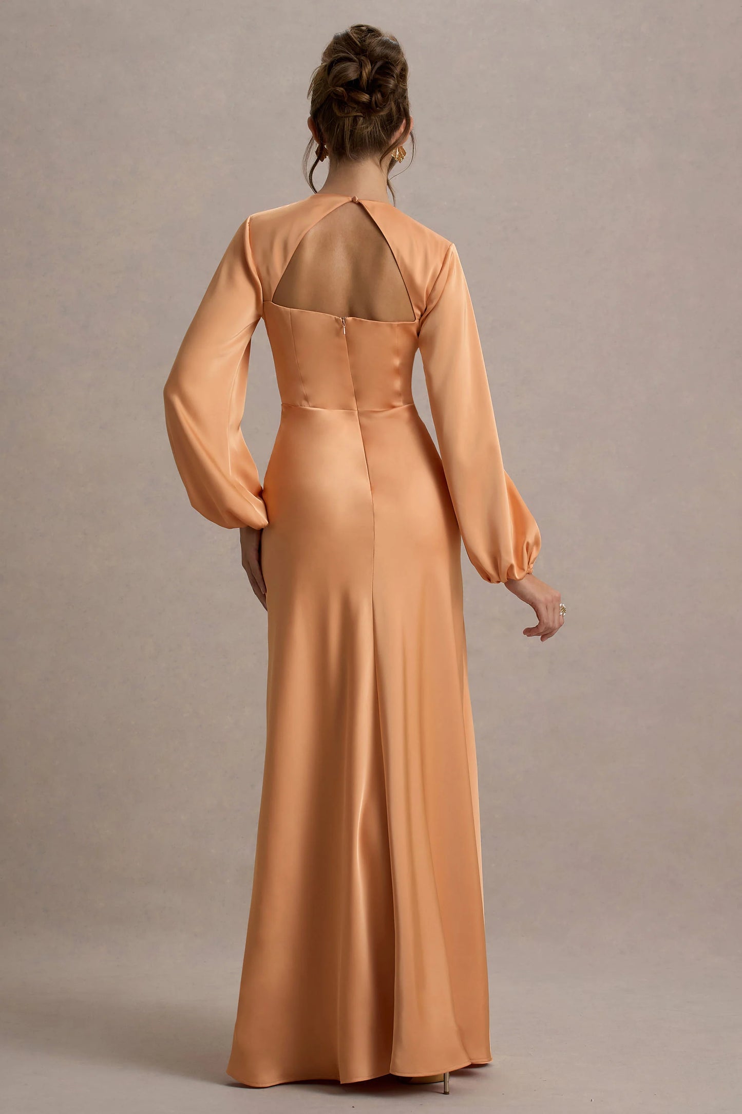 Crawley Peach Satin Puff-Sleeve Maxi Dress