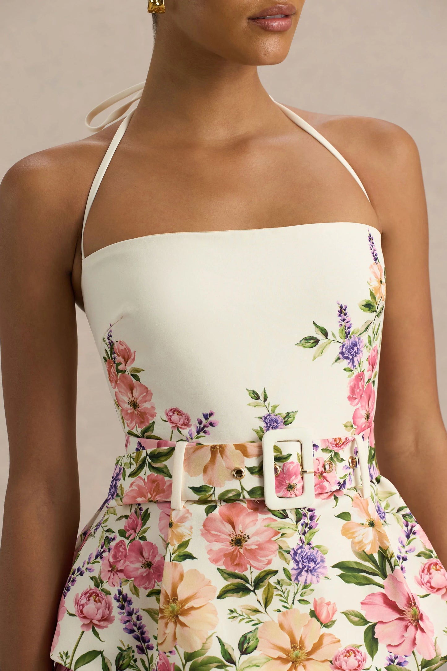 Maud White Floral Border Print Square-Neck Tailored Top