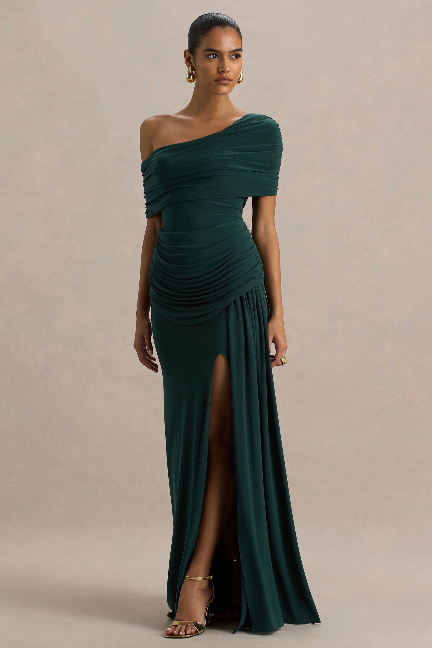 Dynasty Dark Green Asymmetric-Neck Maxi Dress With Ruched Detailing And Front High-Split