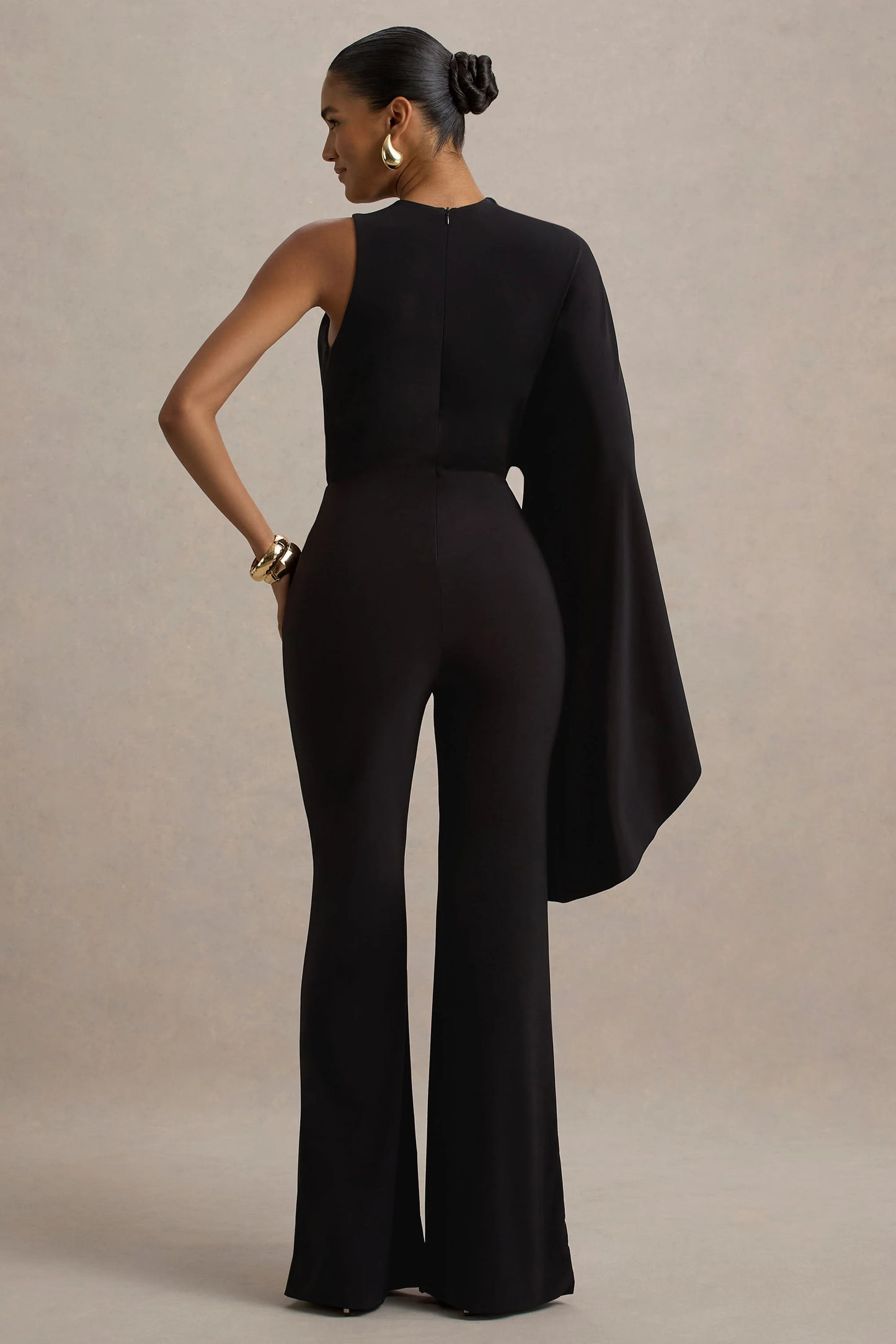 Asra Black High-Neck Flared-Leg Jumpsuit With Cape Sleeve