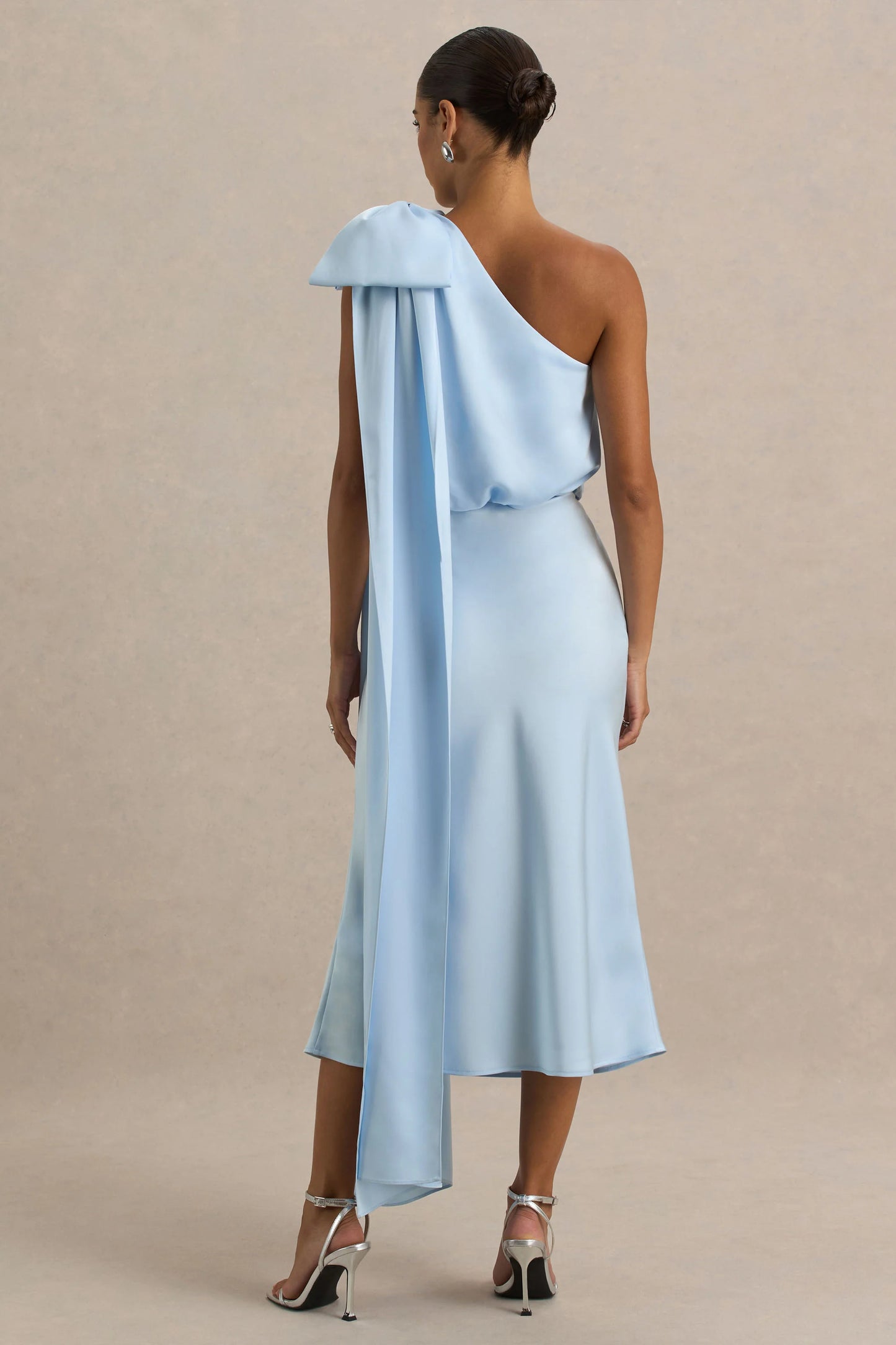 Celestia Powder Blue Satin Asymmetric-Neck Midi Dress With Cape Detail