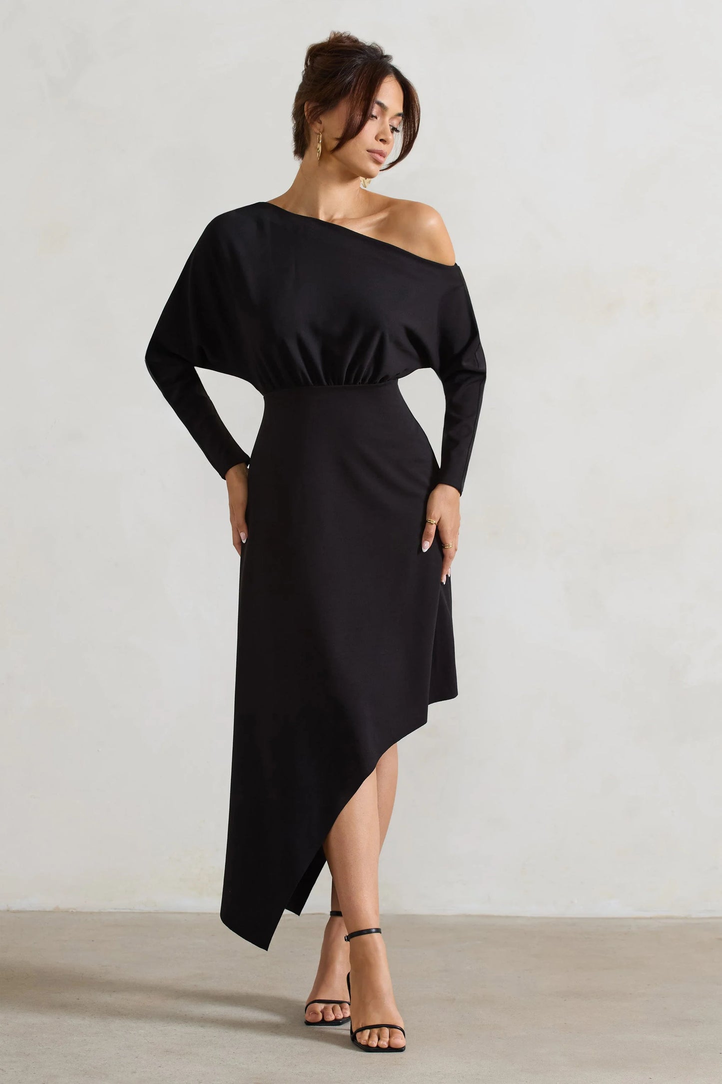 Lori Black Asymmetric Long-Sleeve Maxi Dress
