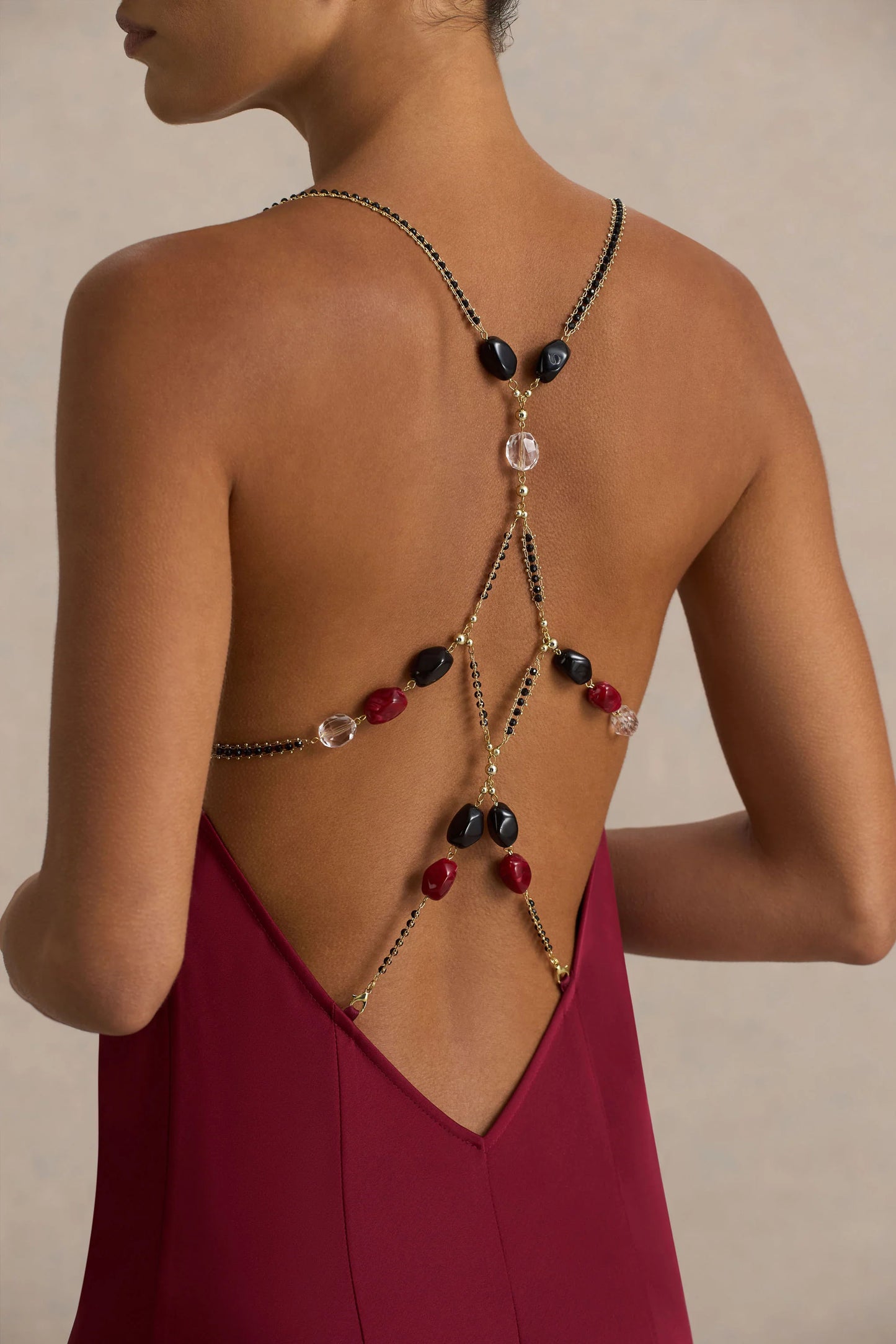 Cher Burgundy Satin Square-Neck Maxi Dress With Embellished-Detailed Open-Back