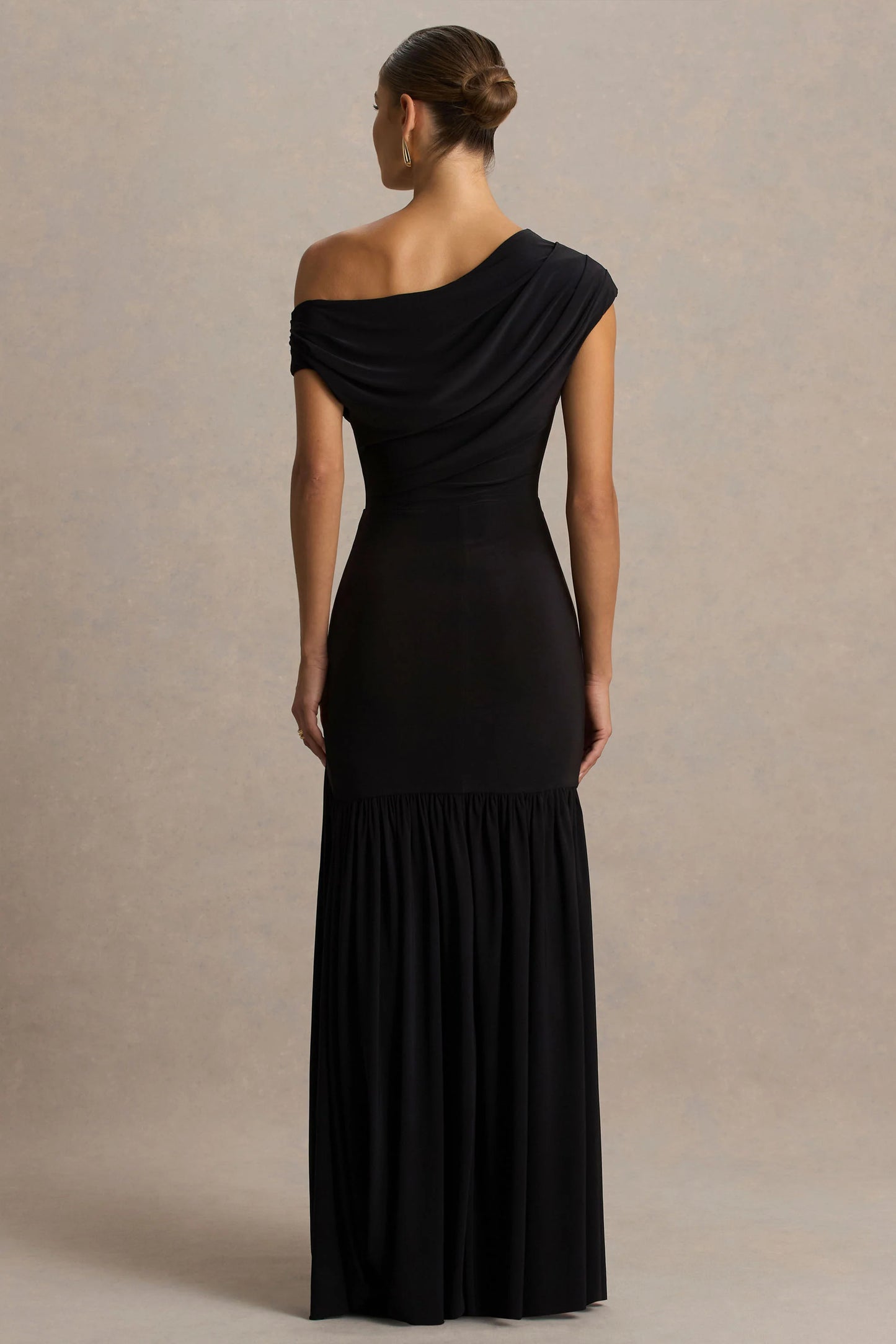 Kady Black Asymmetric-Neck Maxi Dress With Ruched Detailing and Front-High Split