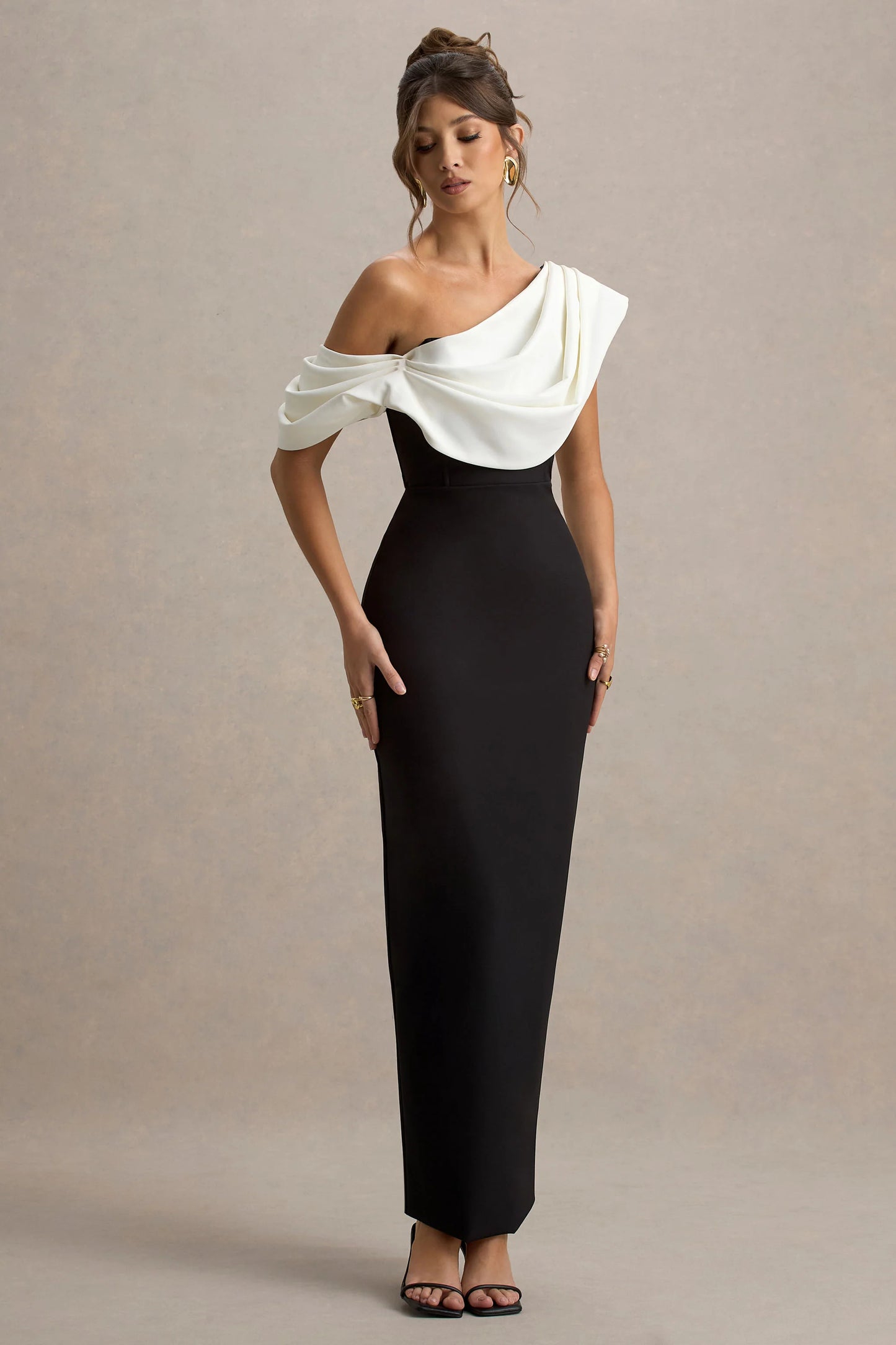 Angelina Black & White Draped Shoulder Maxi Dress