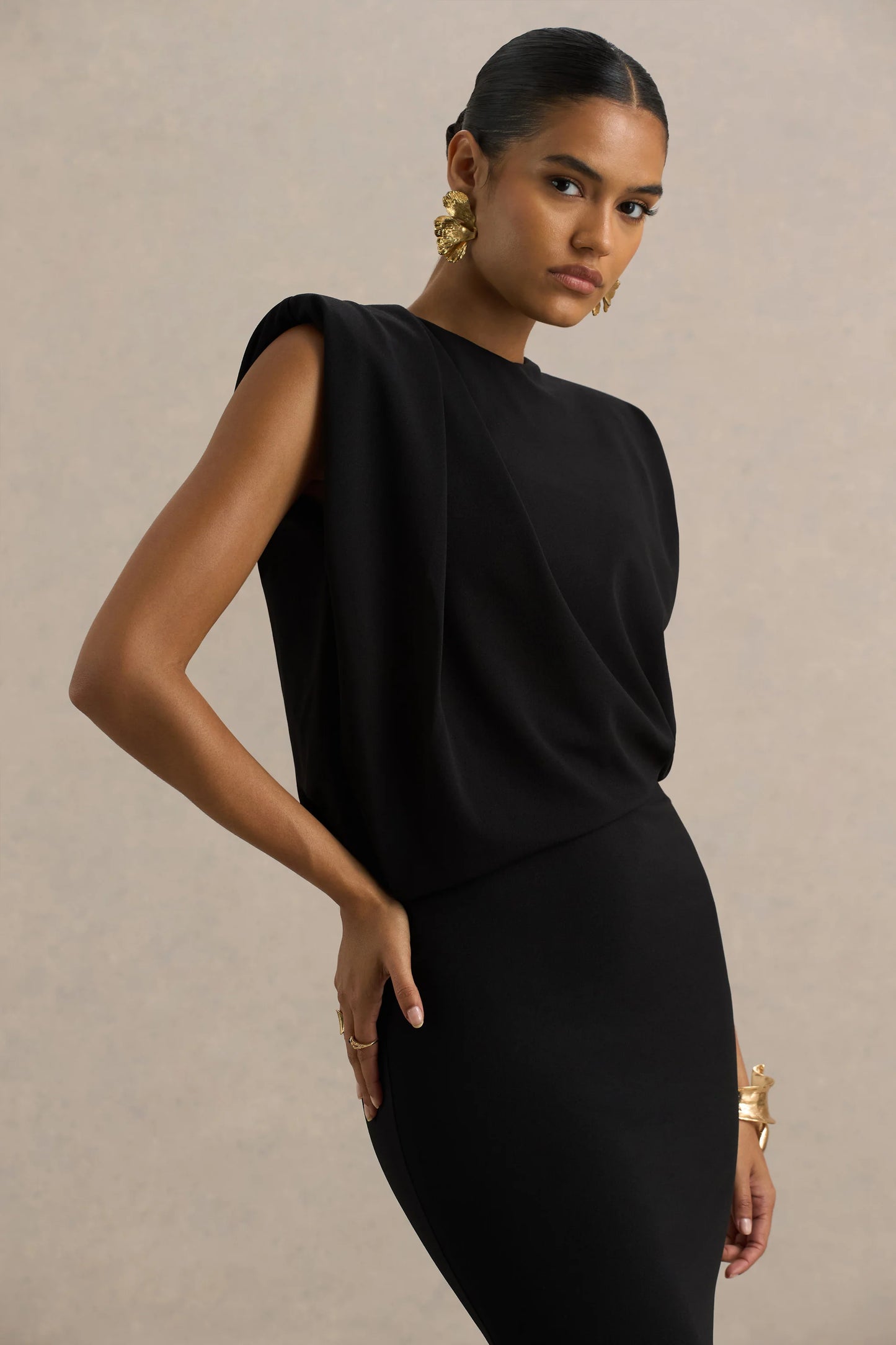 Meave Black Boat-Neck Maxi Dress With Draped Detail
