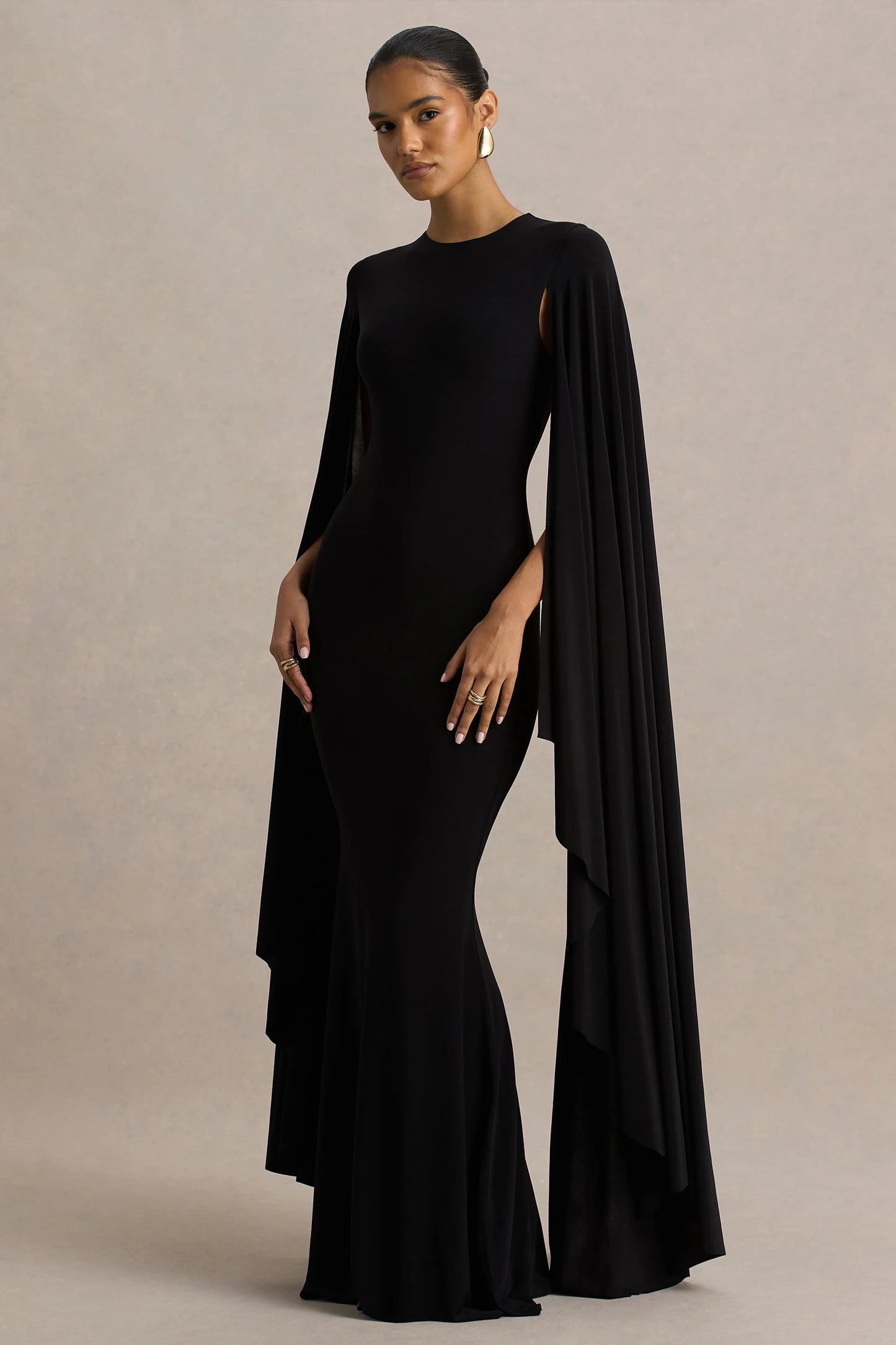 Briony Black Crew-Neck Maxi Dress With Cape Sleeves