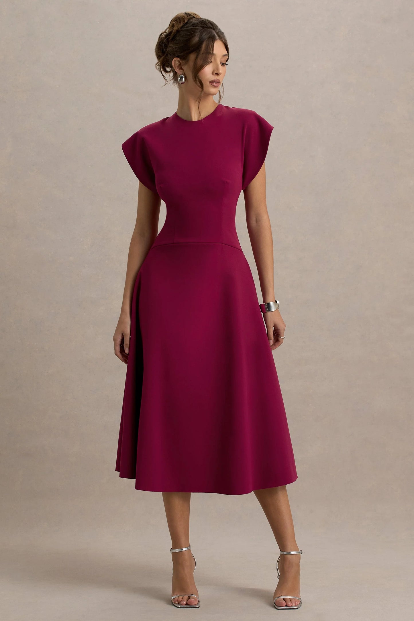 Linda Dark Cherry Crew-Neck Cap-Sleeve Midi Dress