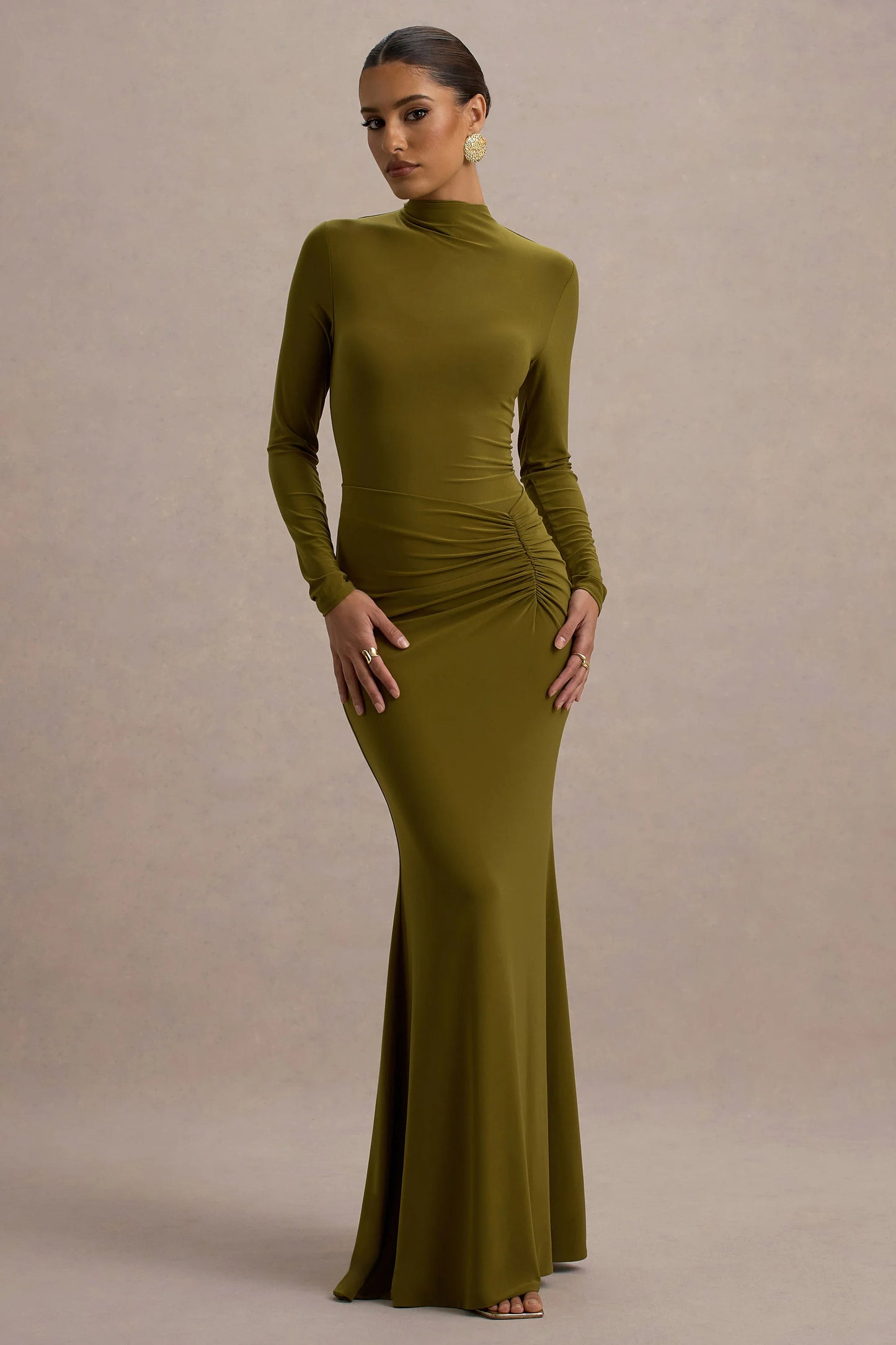 Reid Green Long-Sleeve Gathered Maxi Dress