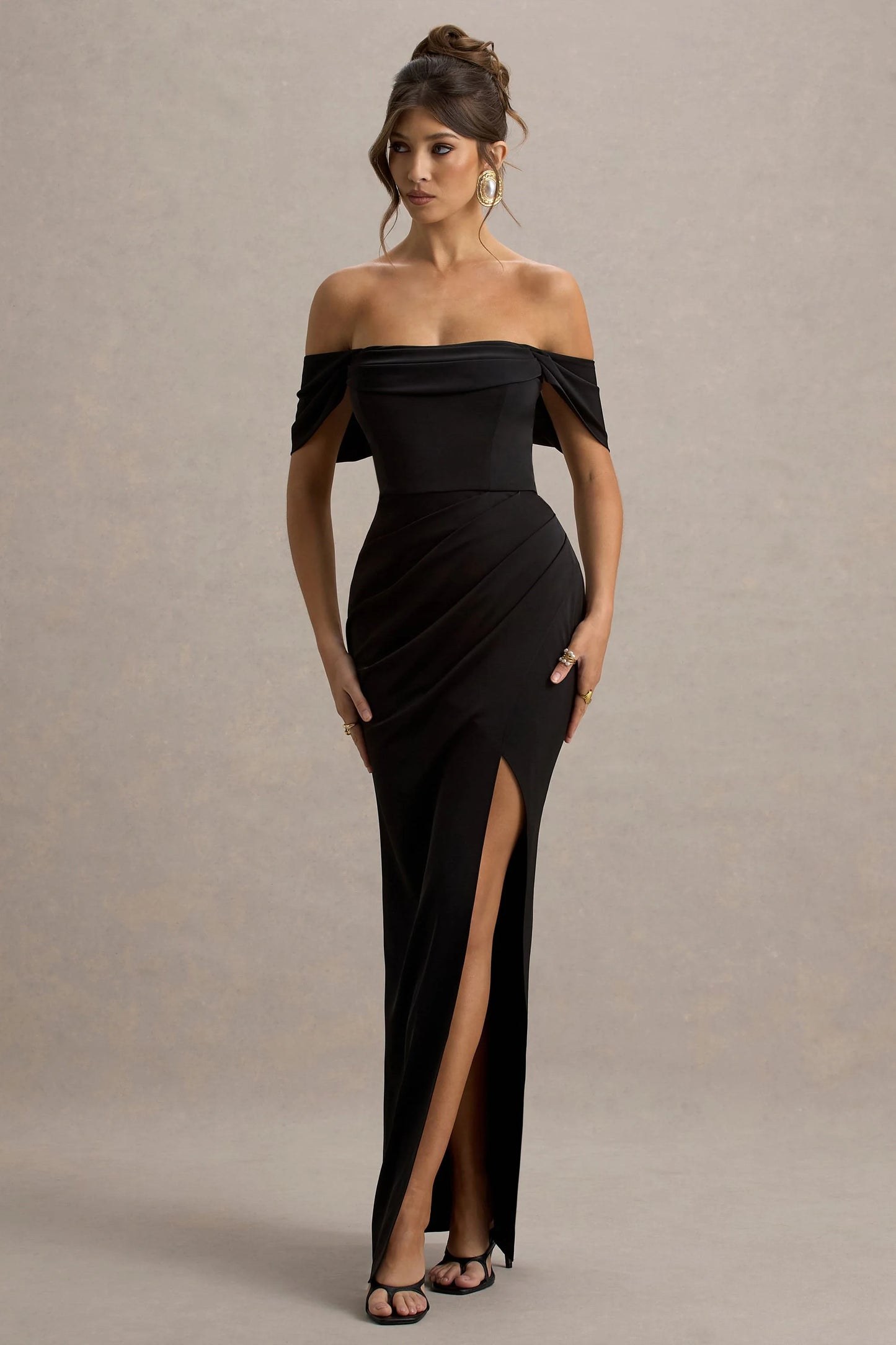 Annie Black Satin Bardot Maxi Dress With Split Wrap Skirt