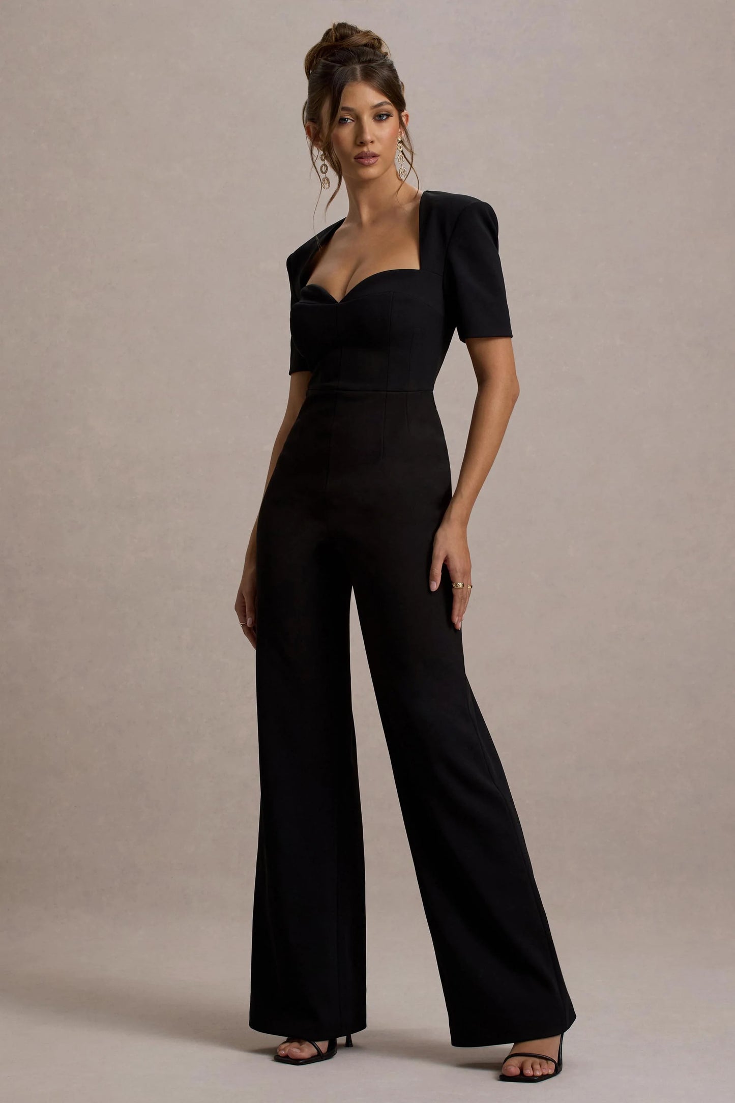 Simone Black Sweetheart Short-Sleeve Wide-Leg Jumpsuit