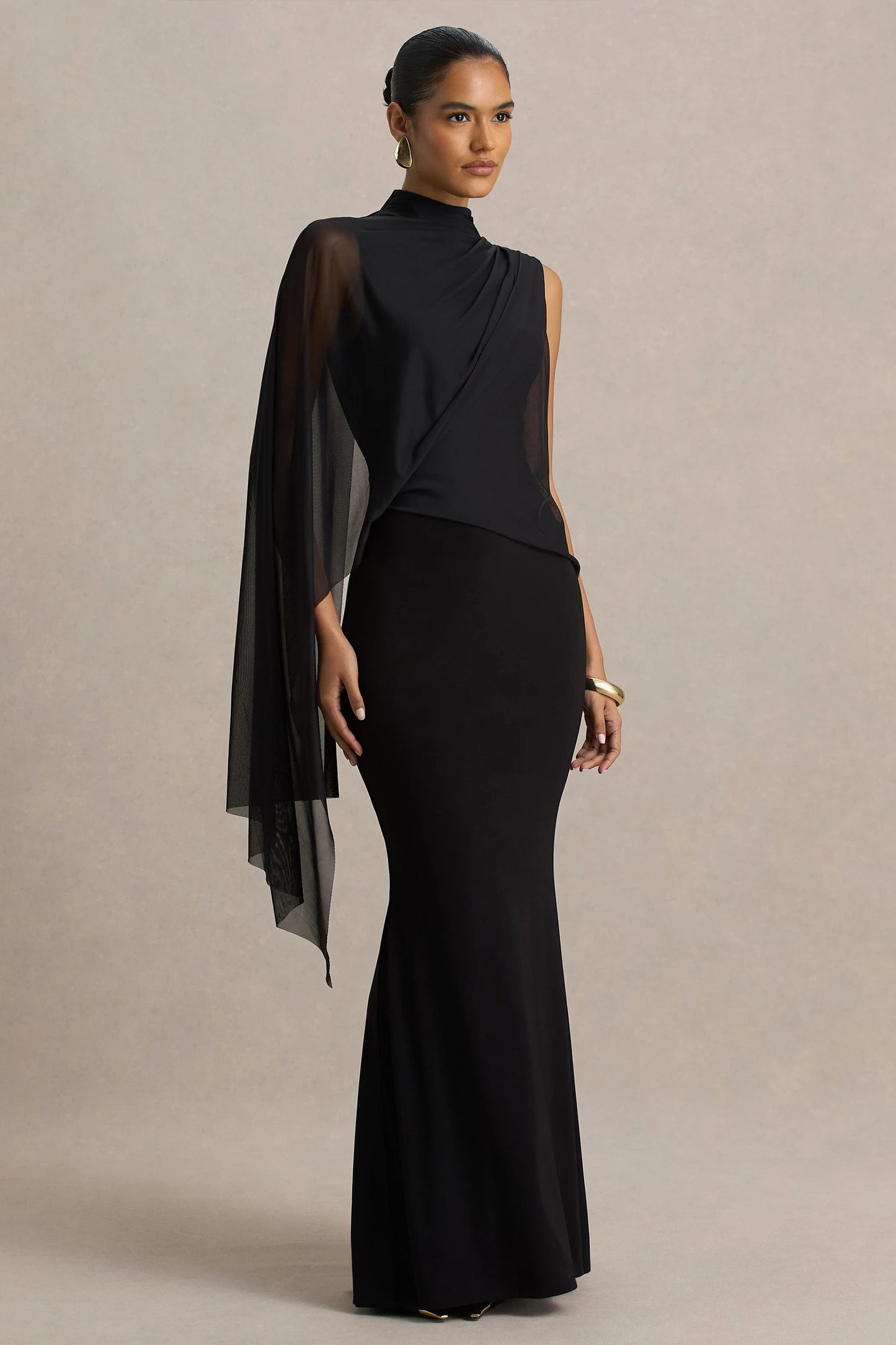 Amour Black High-Neck Maxi Dress With Cape Sleeve Detail