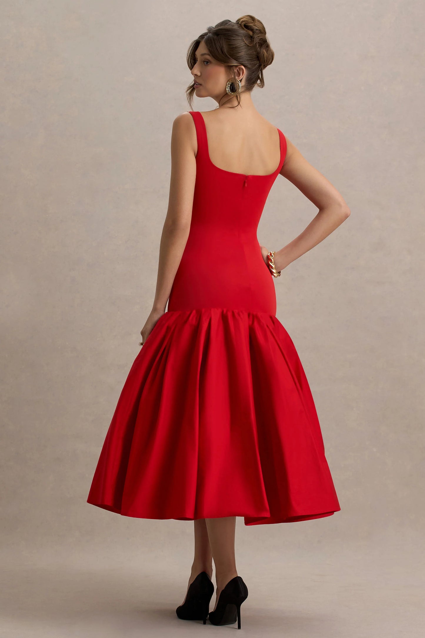 Parida Red Poplin Drop-Waist Midi Dress With Peplum Hem