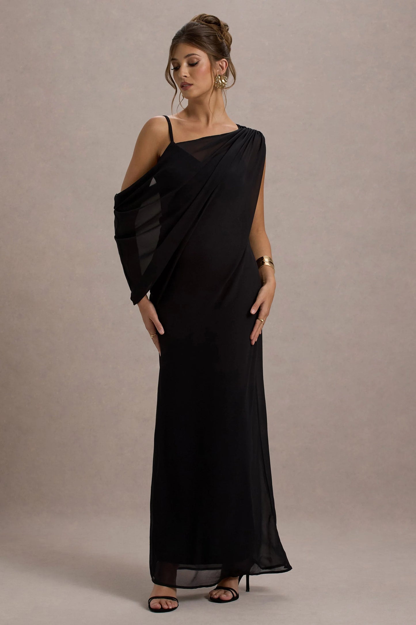 Aeliana Black Strappy V-Neck Maxi Dress With Chiffon Sash