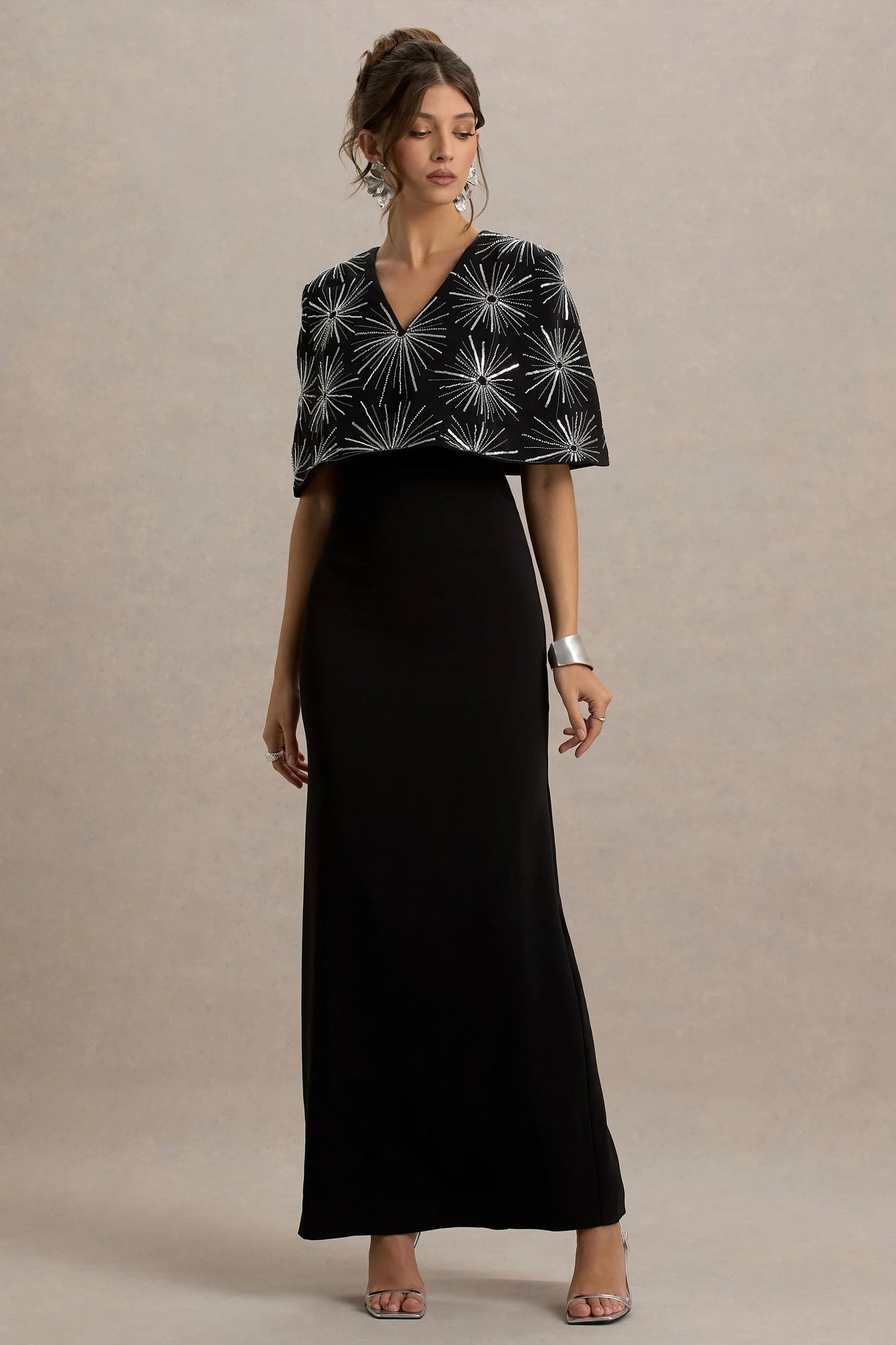Agnella Black Embellished V-Neck Maxi Dress