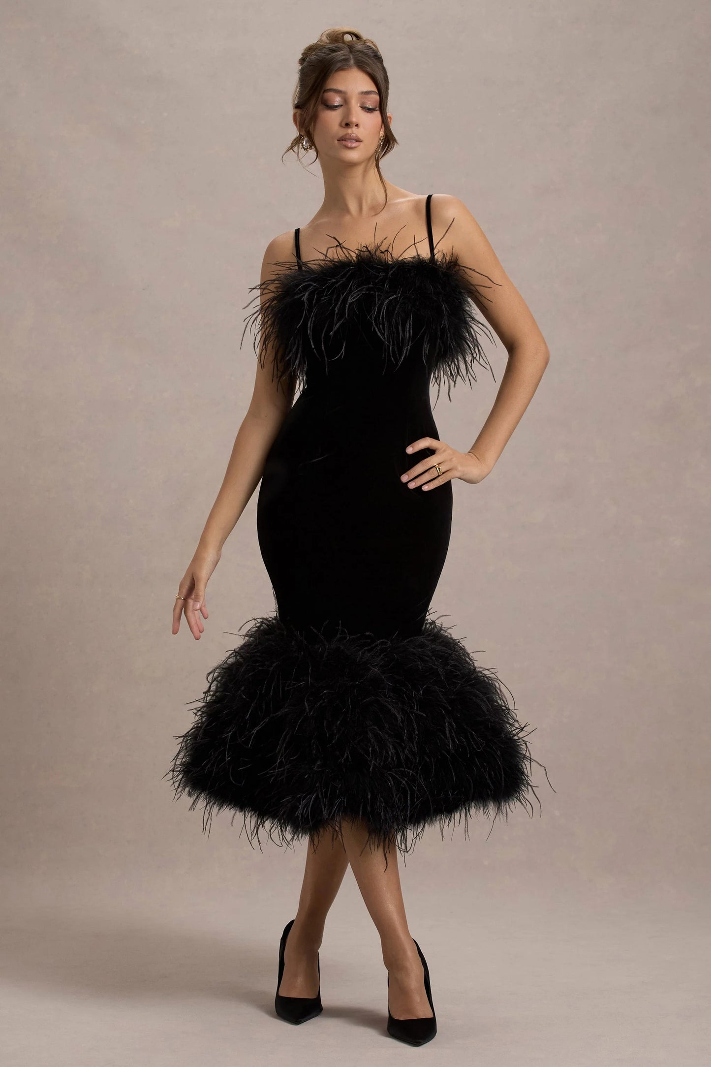 Kalena Black Velvet Feather Trim Midi Dress