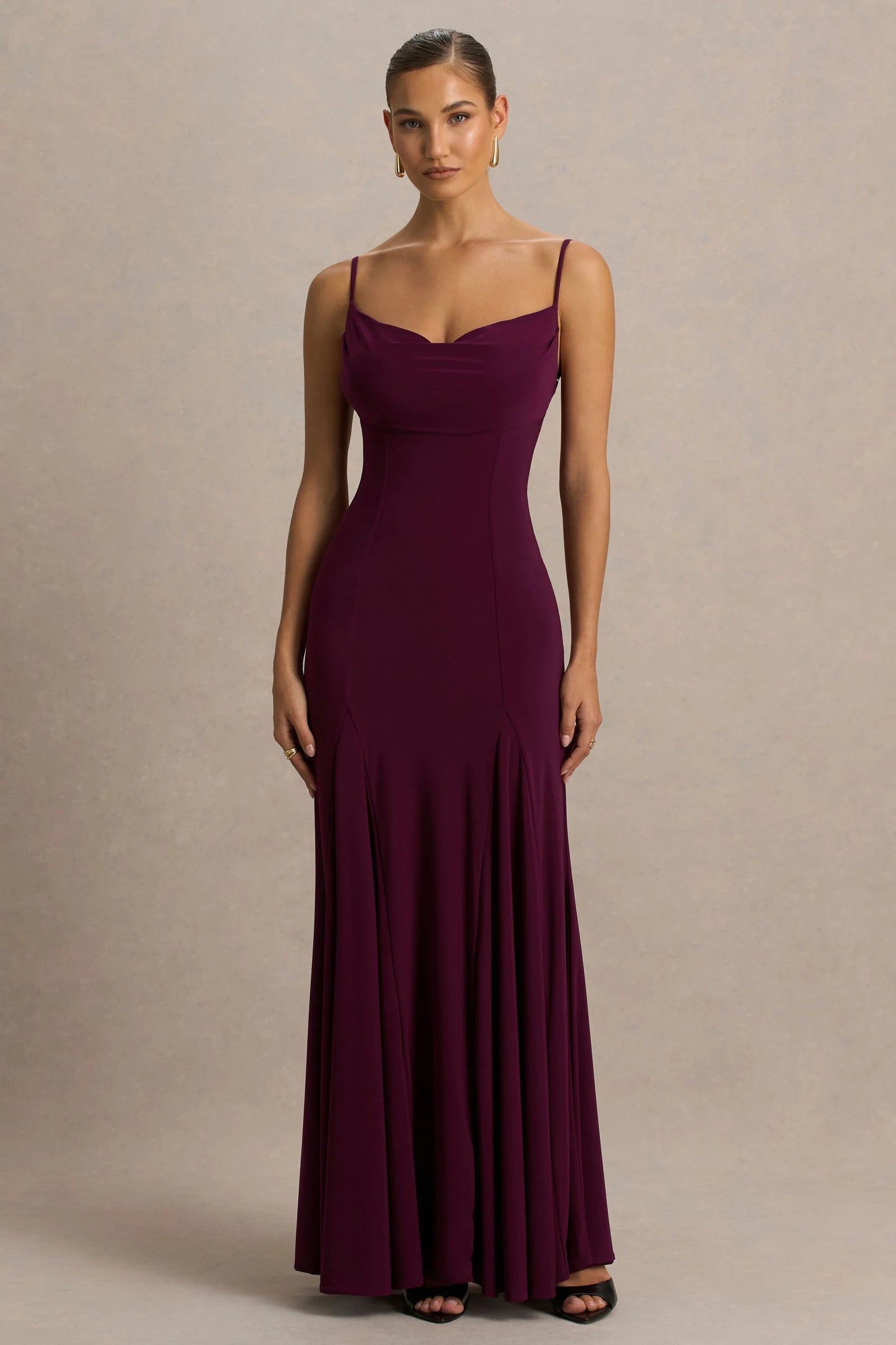 Gabbie Burgundy Cowl-Neck Maxi Dress With Mesh Back Detail