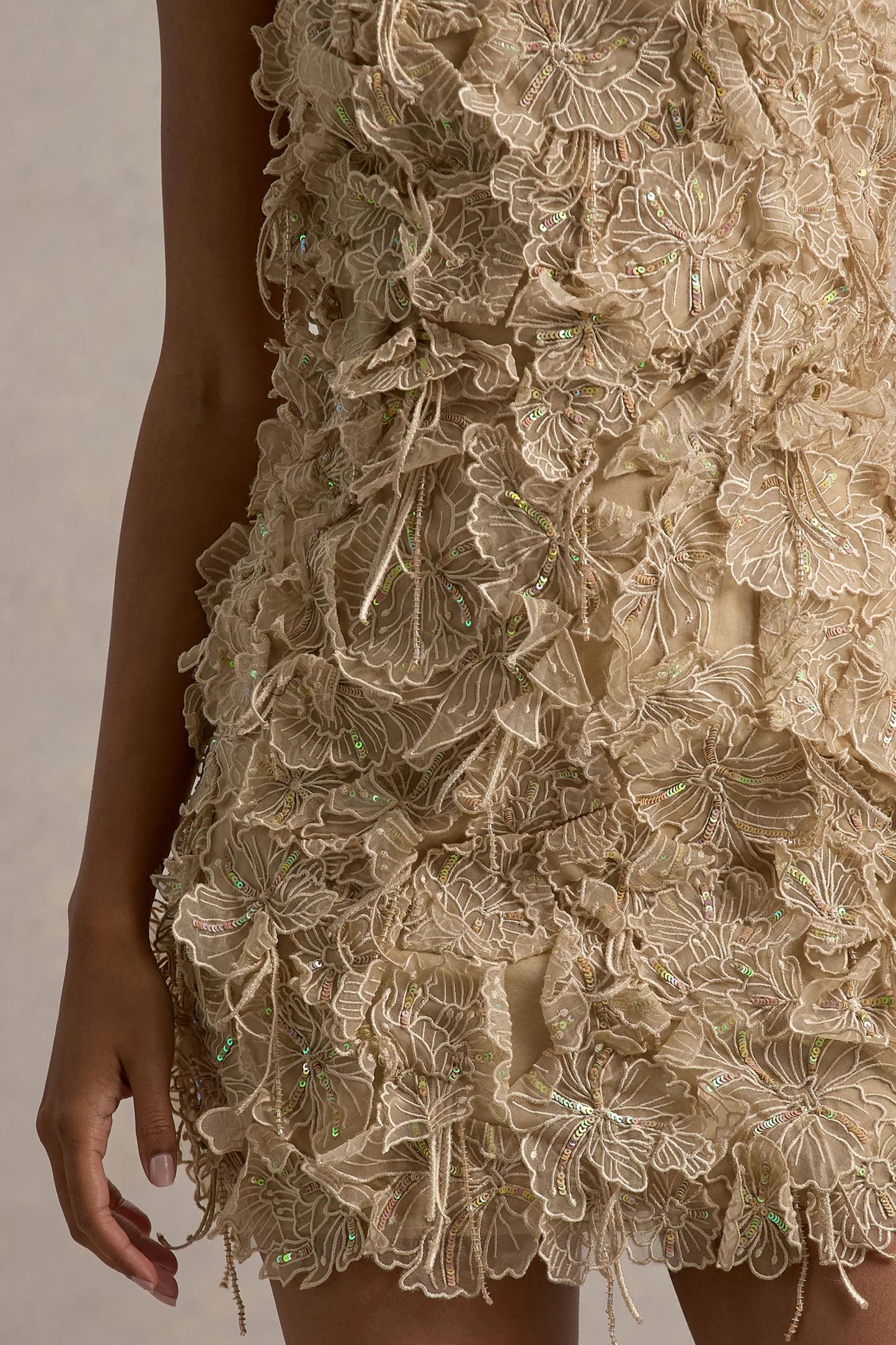 Kamara Nude Sequin Floral Halter-Neck Mini Dress