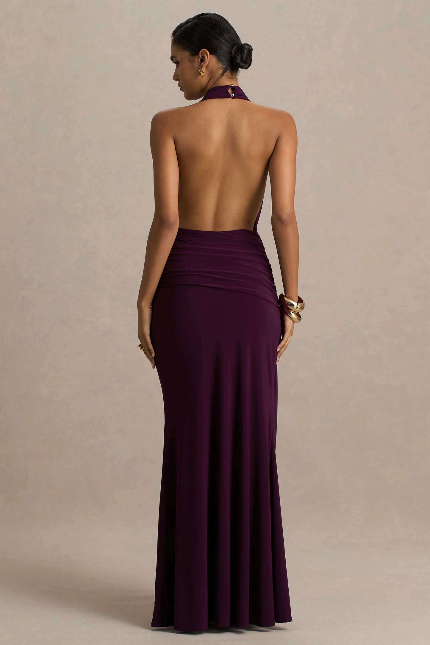 Tilly Burgundy Extreme Plunge-Neck Maxi Dress With Wrap And Ruched Details