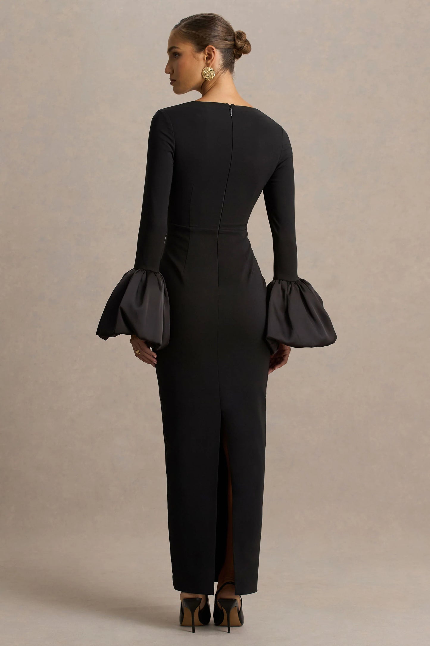 Retreat Black Square-Neck Maxi Dress With Satin Puff-Sleeves