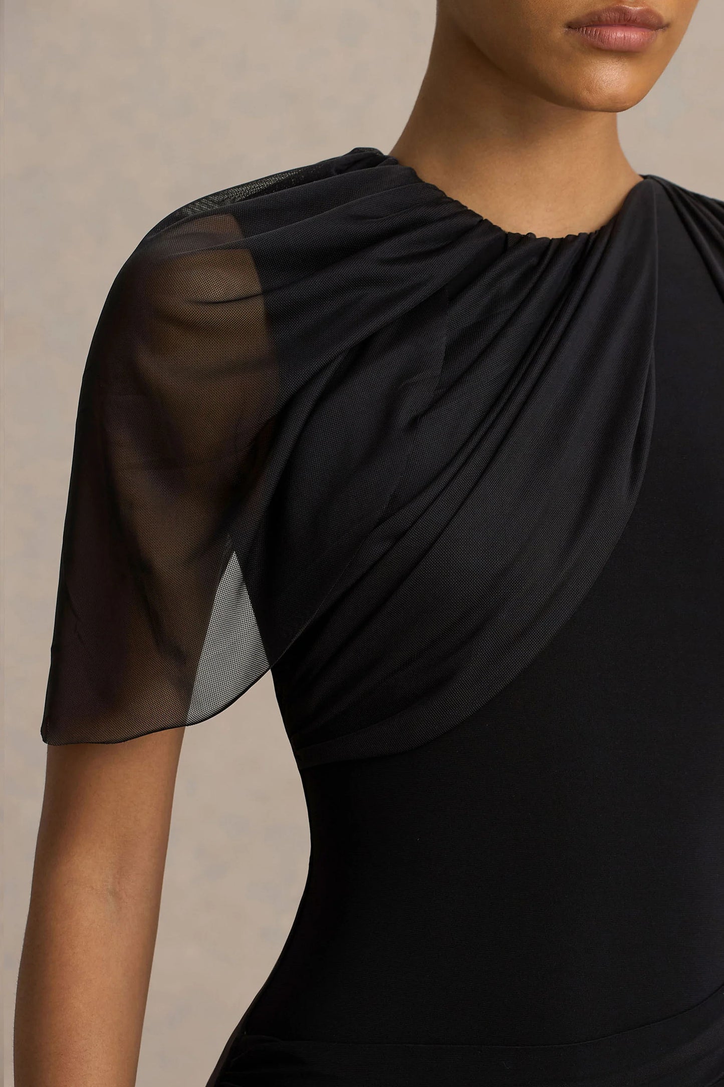 Brenda Black Crew-Neck Maxi Dress With Mesh Cape And Sash