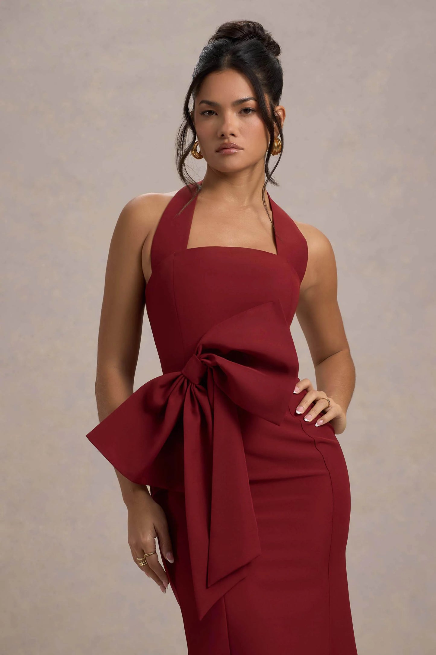 Aman Berry Halter-Neck Midi Dress With Oversized Bow