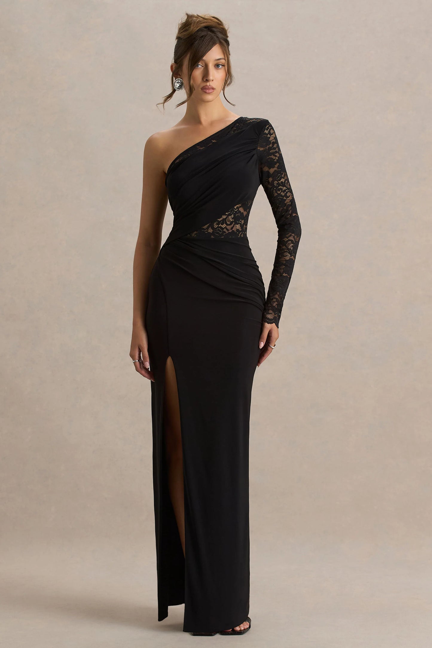 Melody Black Asymmetric-Neck Maxi Dress With Lace Detailing And Front-High Split
