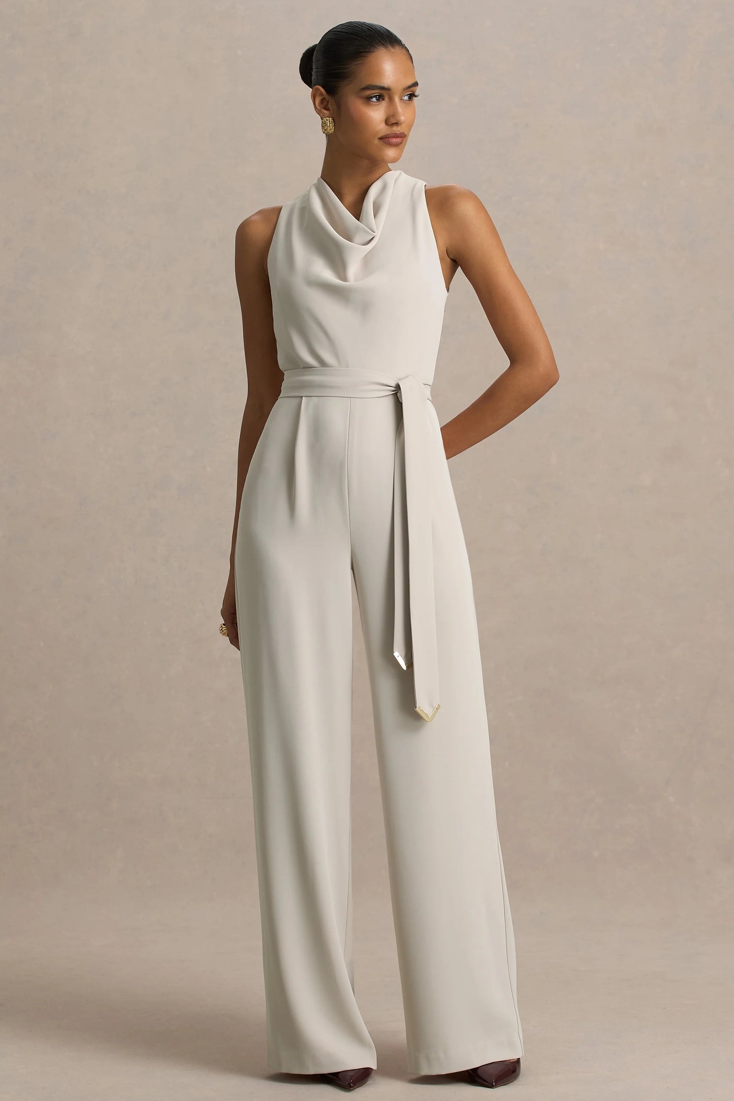 Corina Nude Cowl-Neck Jumpsuit With Tie-Detail