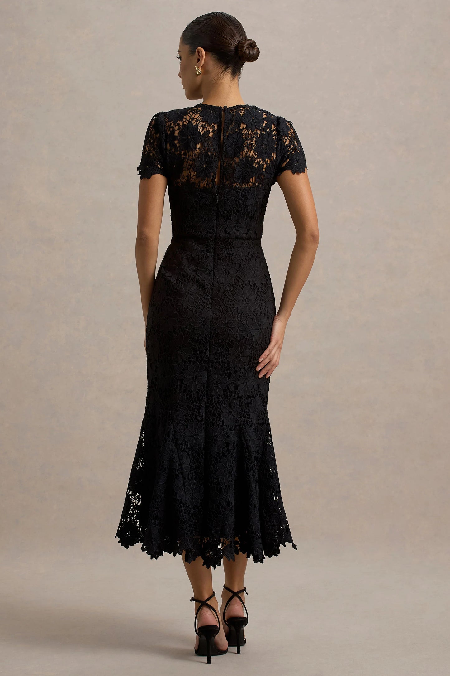 Clarissa Black Lace Short-Sleeve Midi Dress