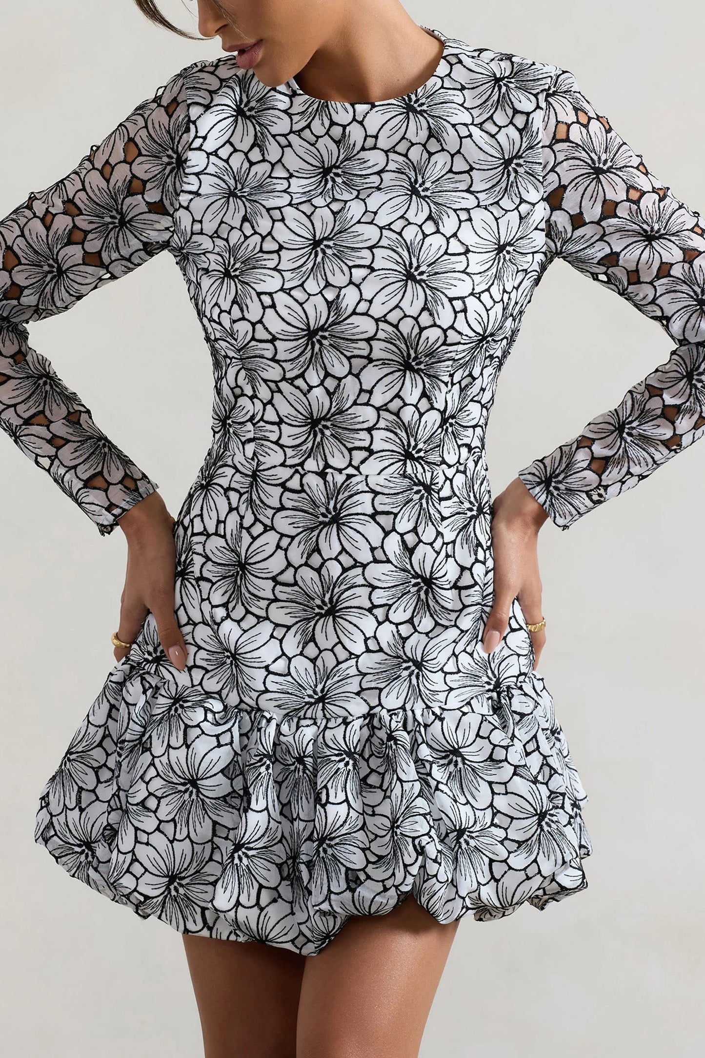 Claribel Black & White Lace Long-Sleeve Mini Dress With Ruffle Hem