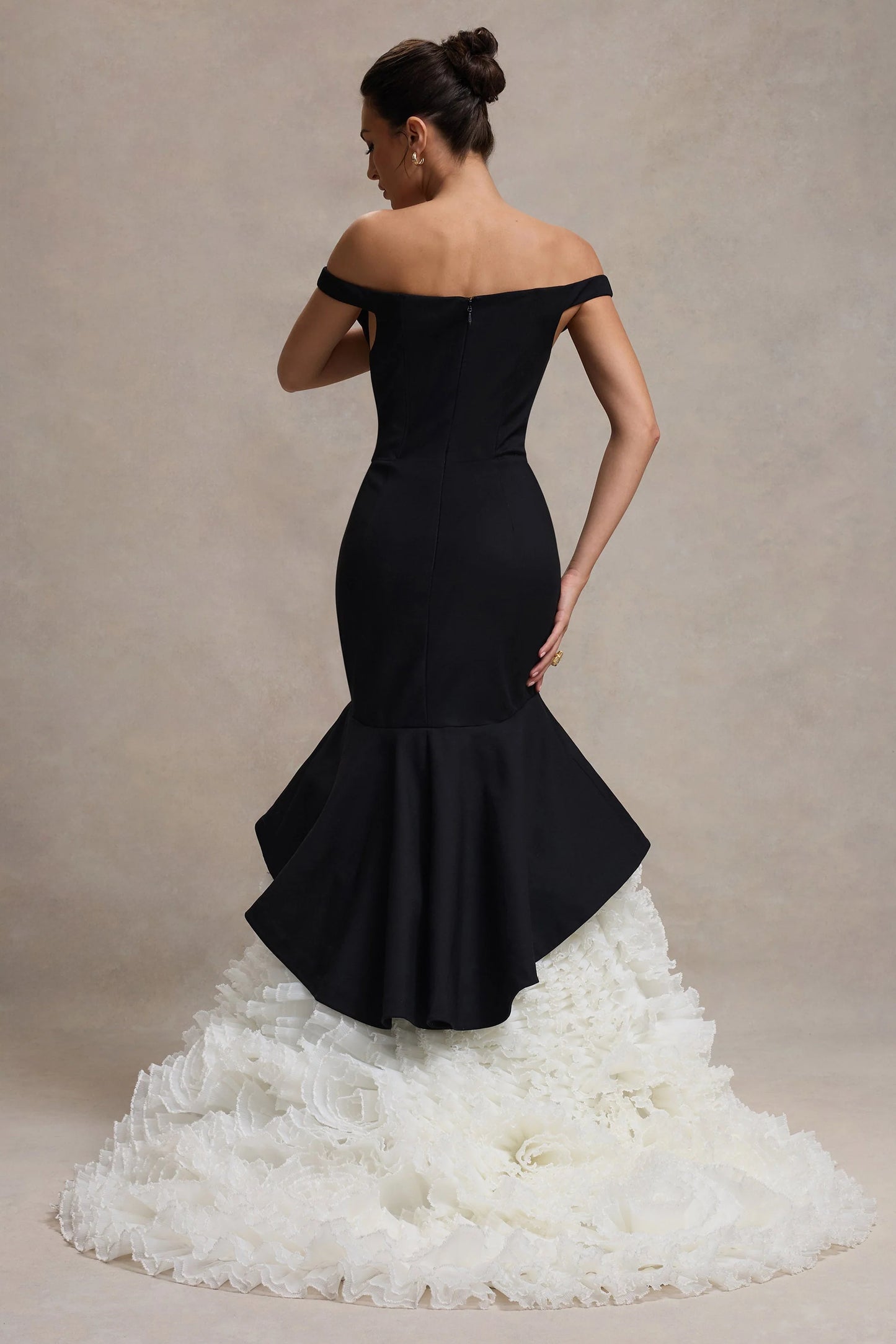The Greatest Black & Cream Bardot Maxi Dress With Tulle Skirt